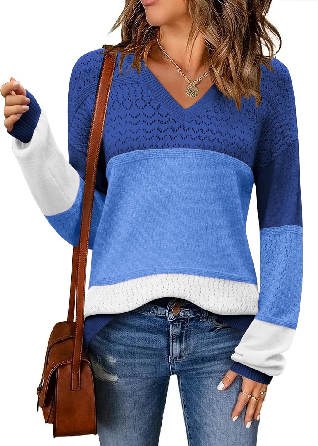 Zeagoo Womens 2025 Fall Sweaters Casual Long Sleeve Ribbed Knit Pullover V Neck Lightweight Crochet Pullover Sweater Top