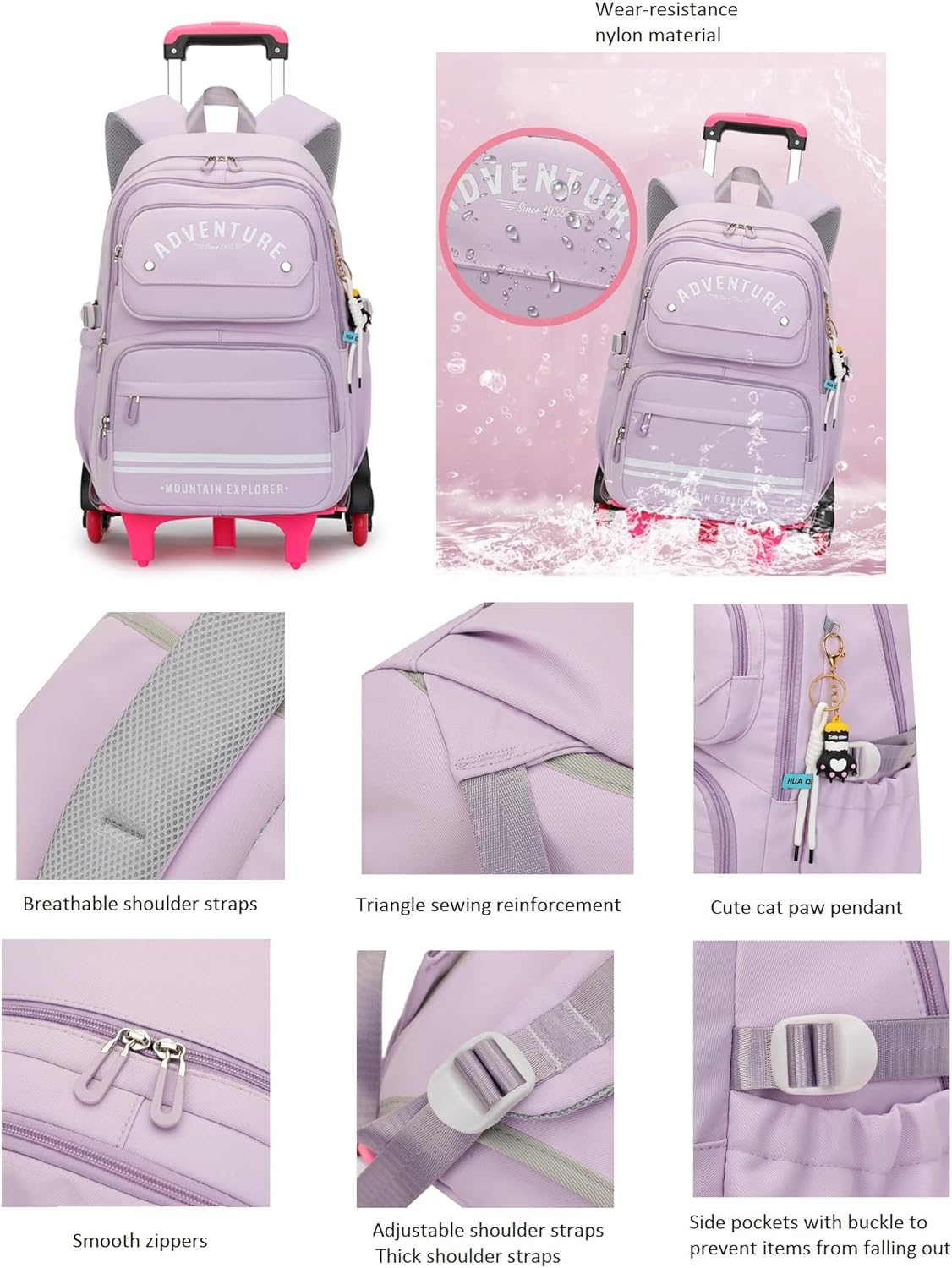 Rolling Backpack for Girls Kids Backpack with Wheels Roller Bookbag Trolley School Bag Wheeled Bag - Image 4