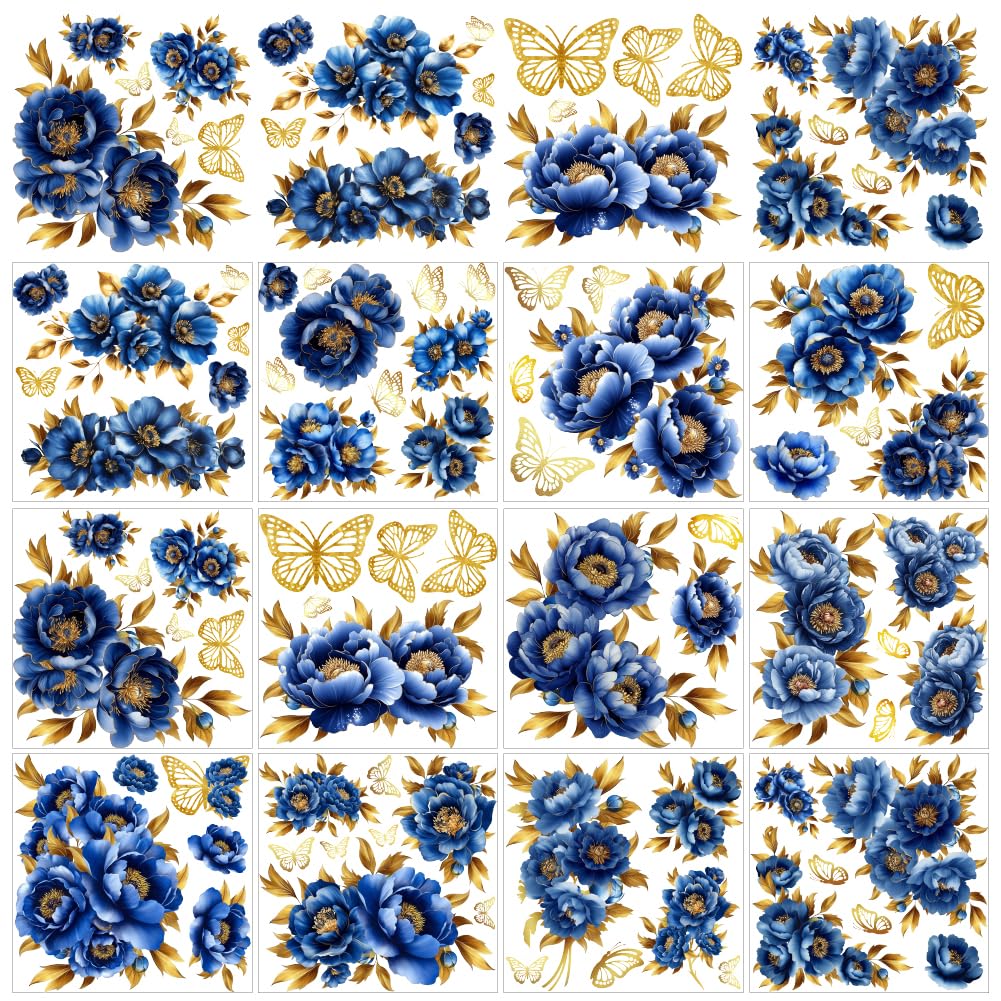 GOMAKERER 12 Sheets Blue Peonies Rub on Transfers, 12 Style Flower with Gold Butterfly Heat Transfer Film Transfer Furniture Stickers for Arts Craft