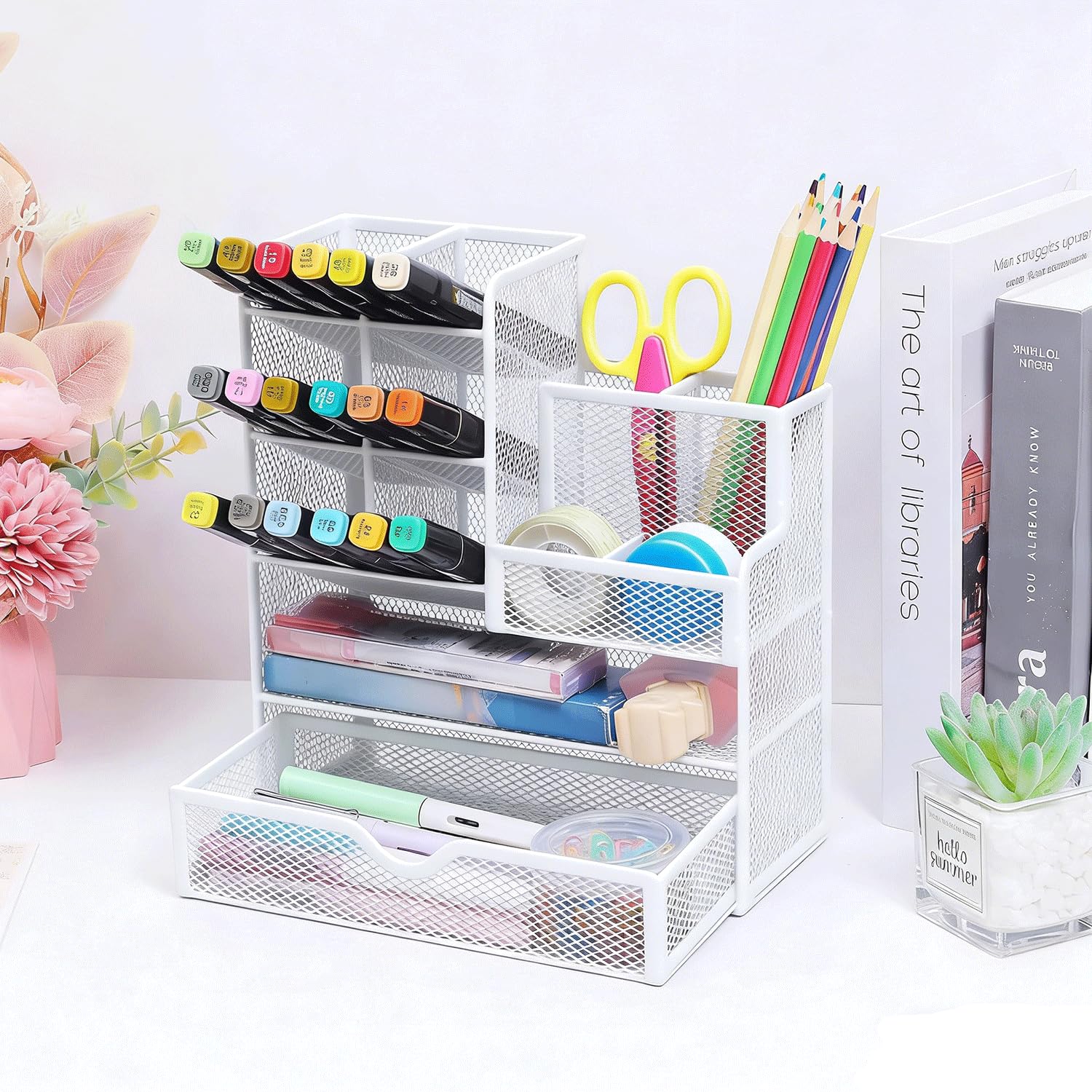 Porte-stylos en maille avec tiroir, porte-crayons multifonctionnel pour le bureau, organiseurs de bureau et accessoires pour le bureau et l'école (S-Blanc)