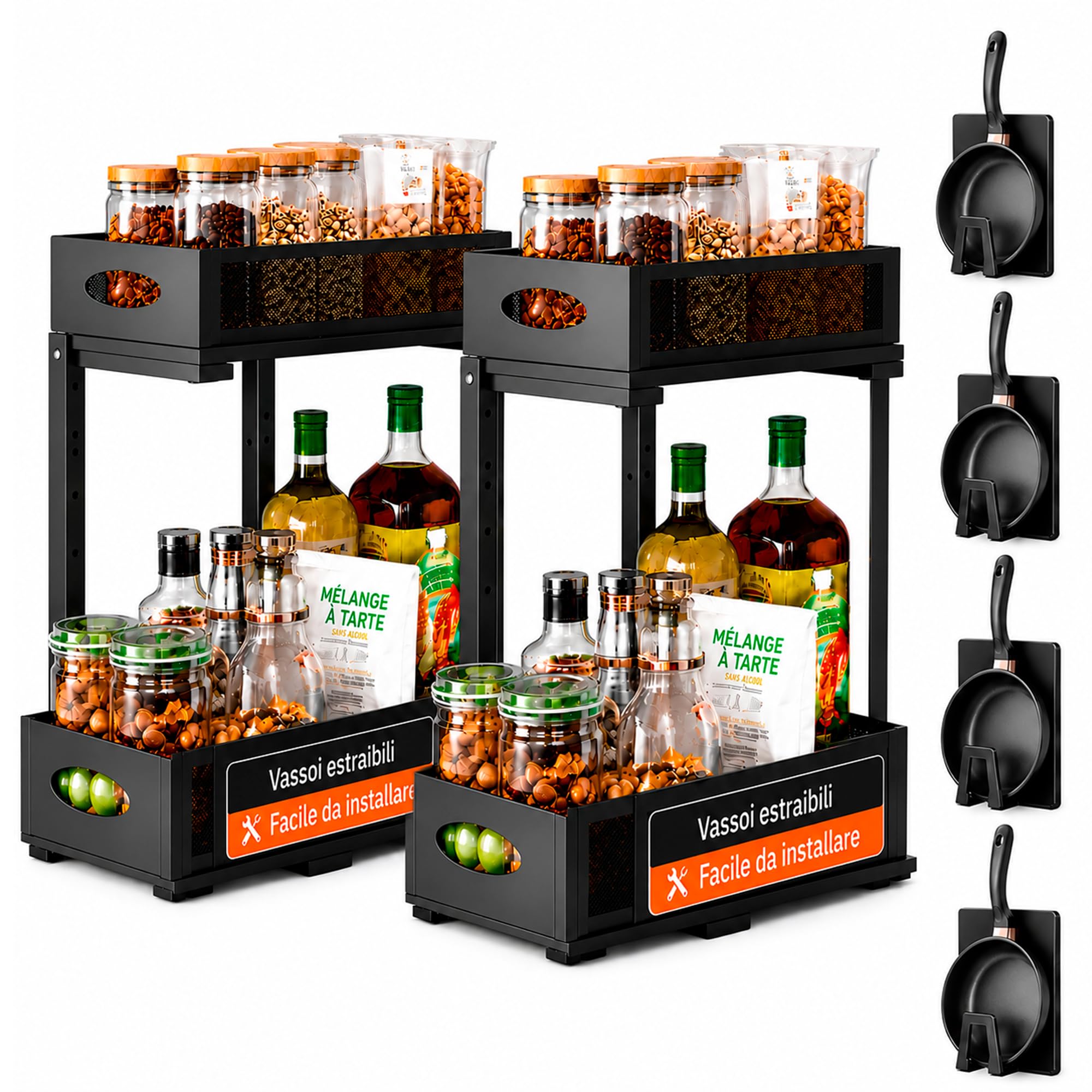 Organizzatore basso lavello per cucina o bagno - Organizer da cucina in metallo nero con doppia altezza e vassoi estraibili - Scaffale per riporre prodotti per la pulizia, dispensa e altro - Pack 2