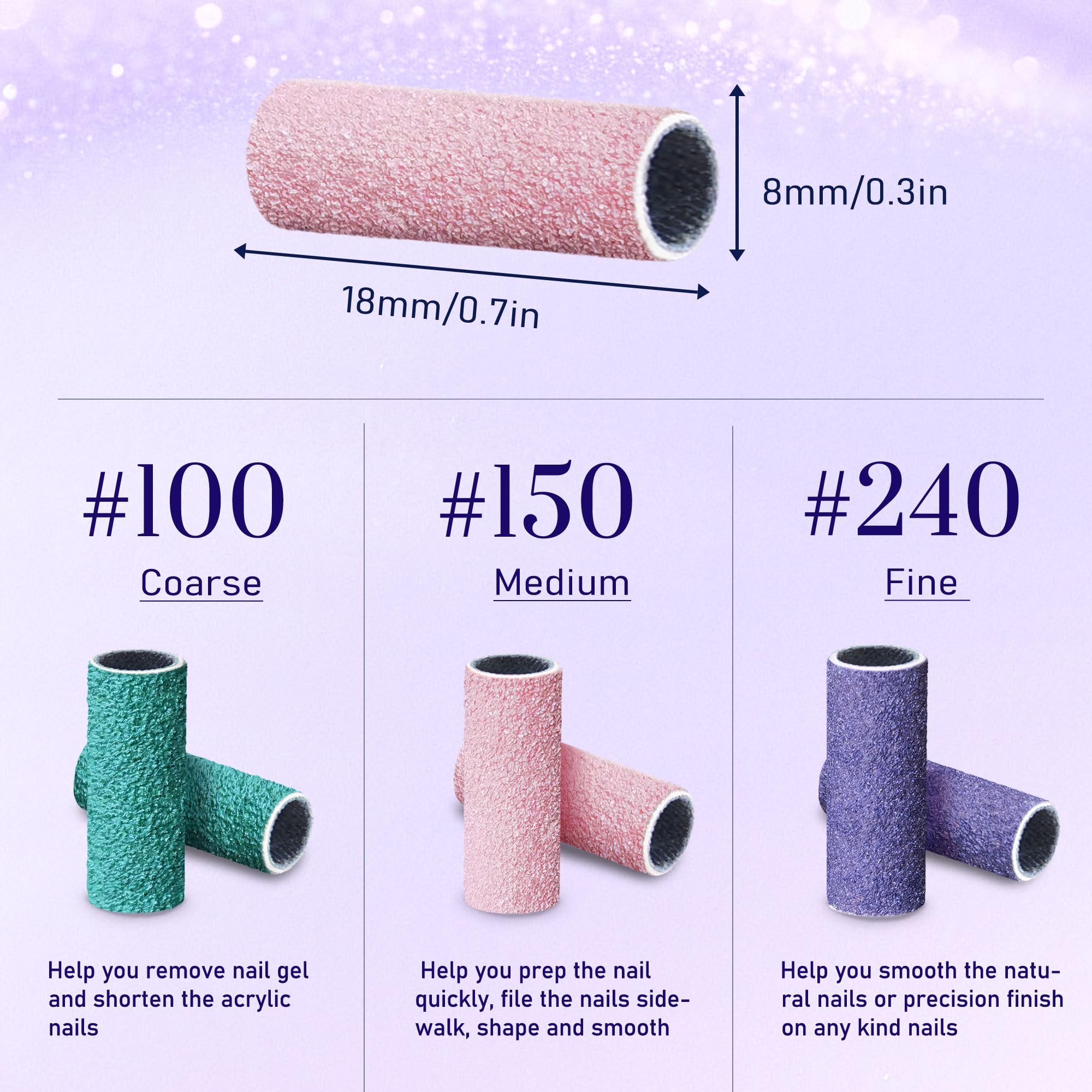 Maryton 250 mini bandas de lijado para taladro de uñas con broca de mandril, grano 100/150/240 grueso/medio/fino banda de lijado a granel para salones profesionales de manicura y pedicura