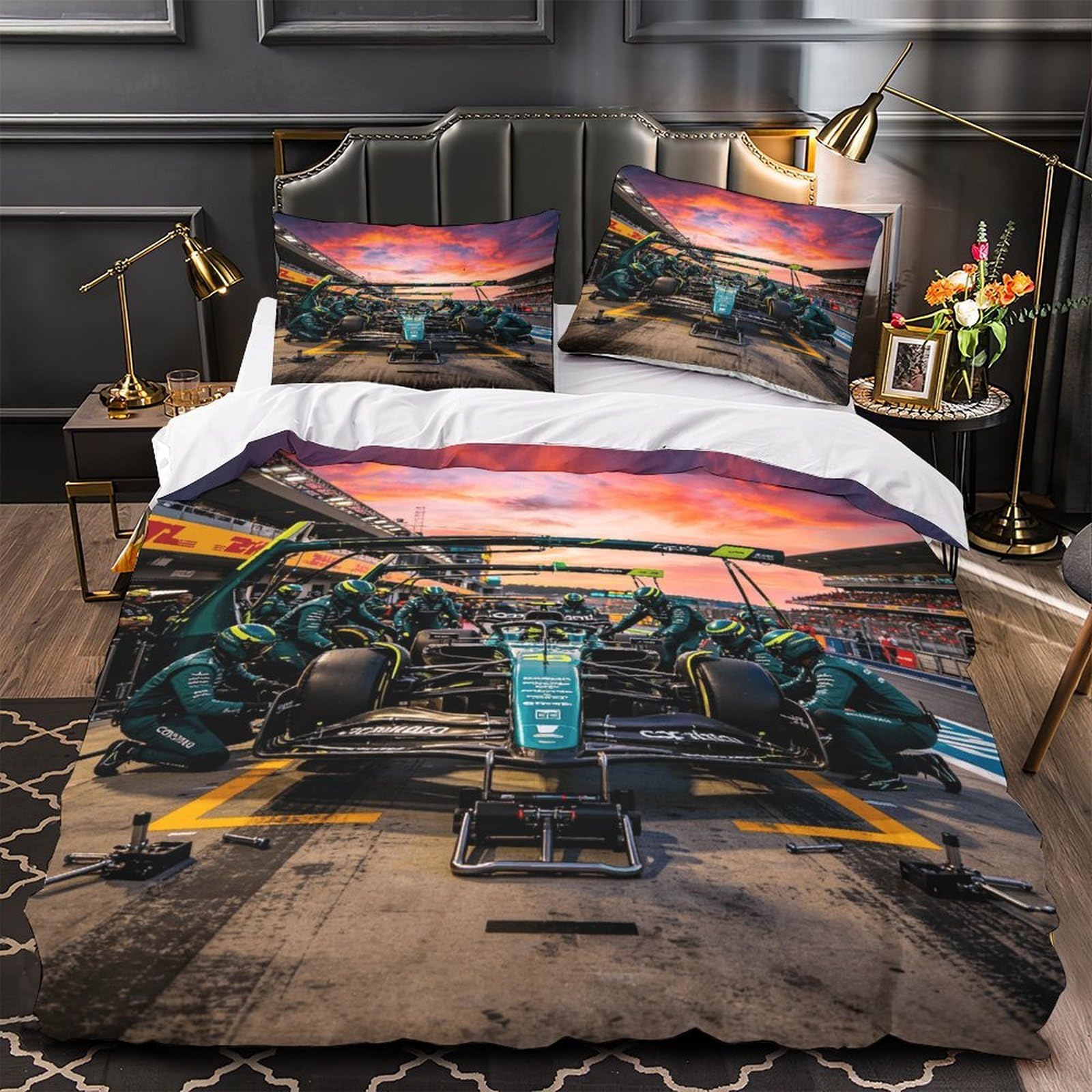 XiaopangXY Formulaa Racing Bedding Set with Hidden Zipper, Pit Stop Duvet Cover Set with Pillowcases, Soft Microfiber Luxury Quilt Cover Set Super King（260x220cm）