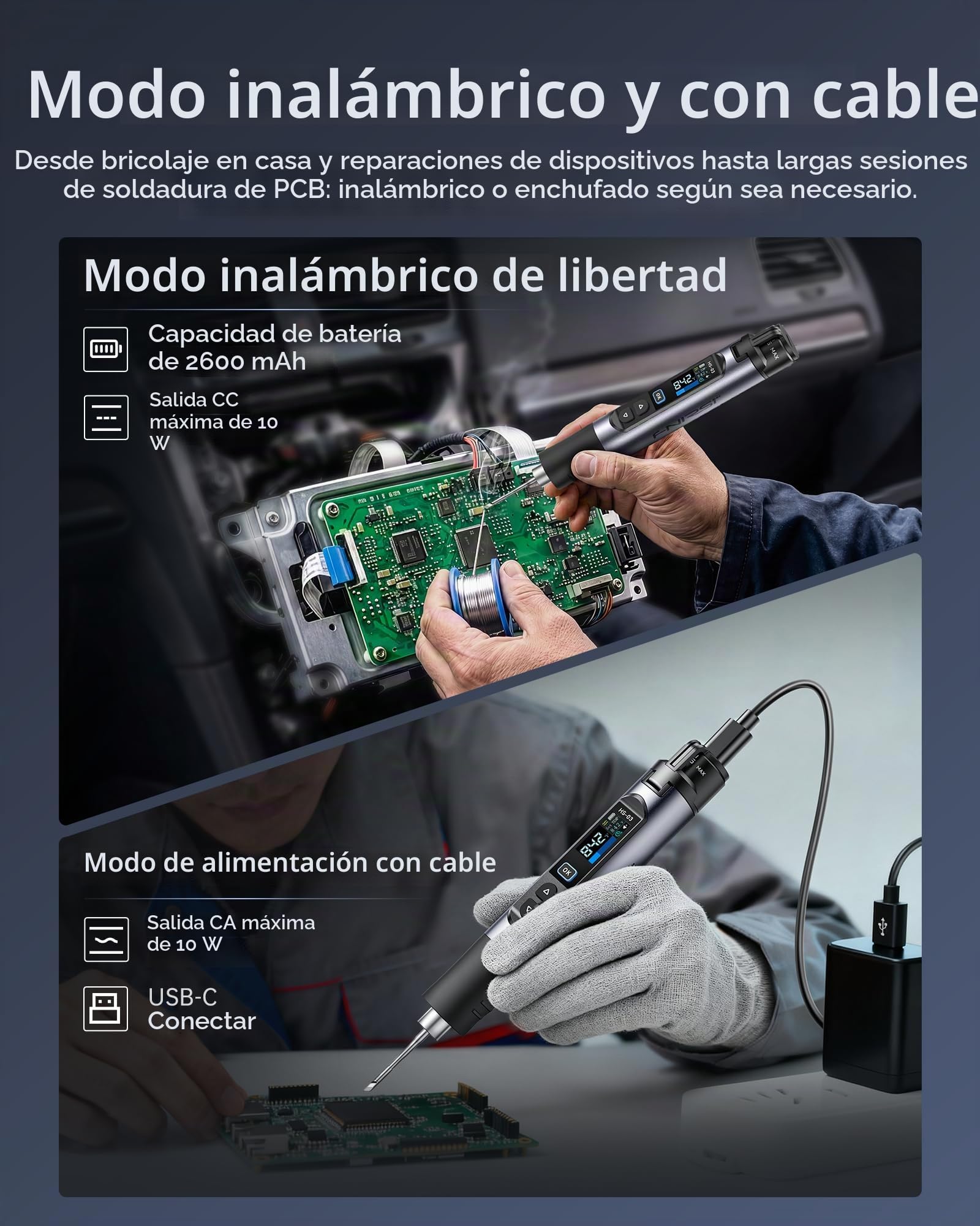 FNIRSI Kit de soldador inalámbrico HS-03, batería desmontable de 2600 mAh, 100.0-450.0 °C, ajuste de temperatura de 5 niveles, calor rápido de 3 segundos, pantalla IPS de 0.96 pulgadas, apagado