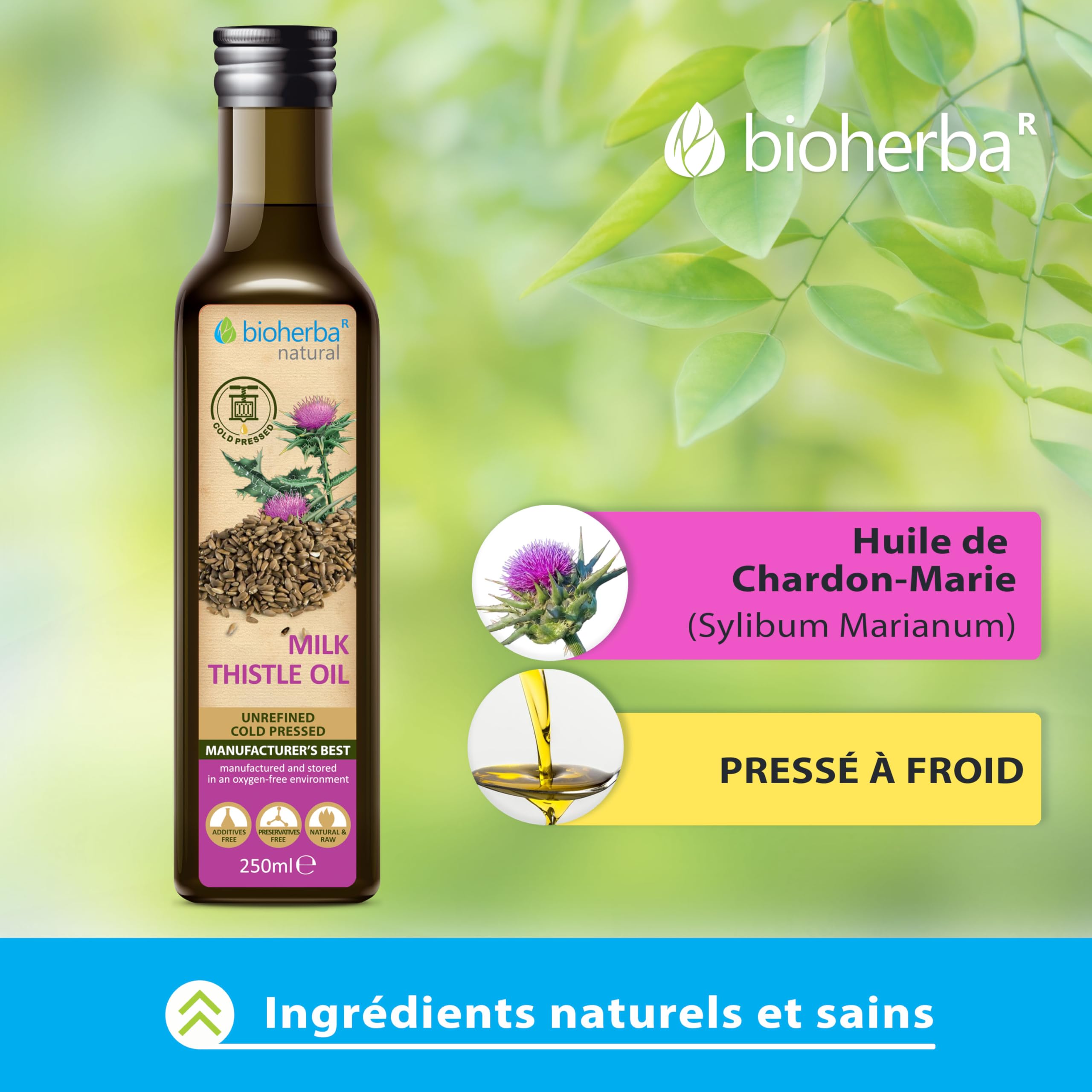 Huile de Chardon-Marie 250 ml – Pressée à Froid – Huile Végétale Naturelle pour Soins de la Peau, Massage et Usage Culinaire – BIOHERBA