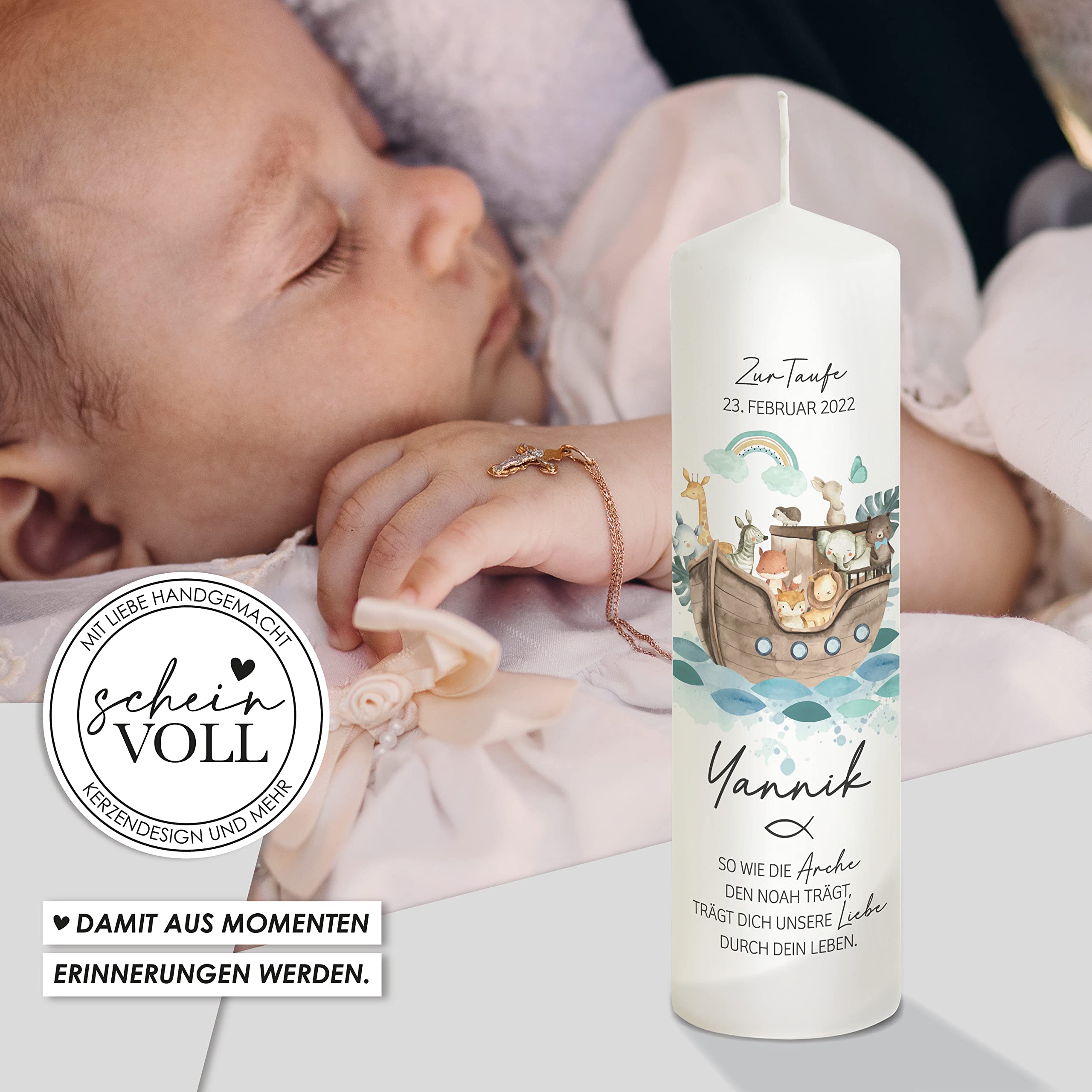 Scheinvoll® Taufkerze Arche Noah Yannik für Jungen mit Regenbogen personalisiert zur Taufe 25 x 8 cm auch mit Patenkerzen HANDMADE IN GERMANY