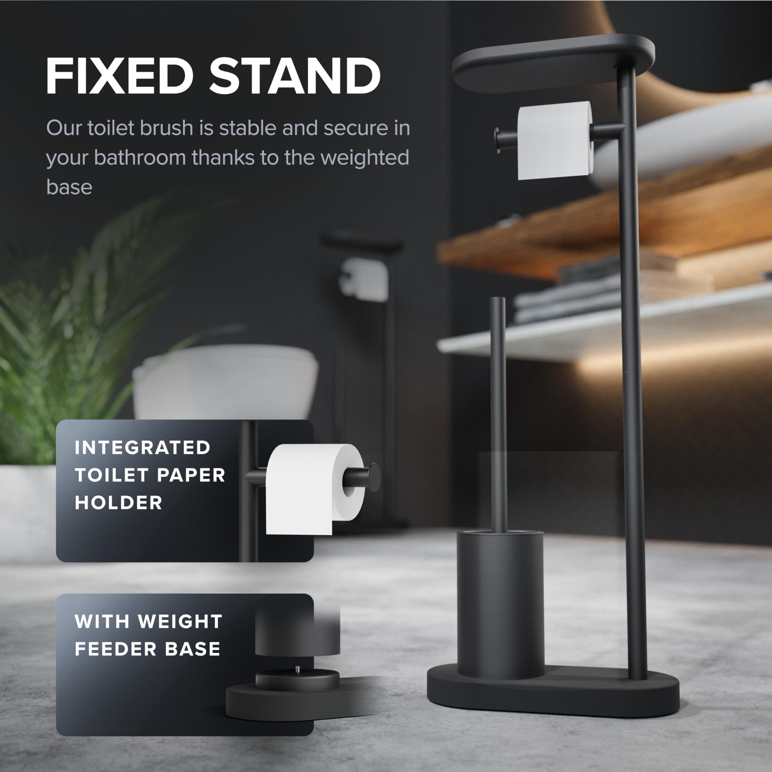 Staand Toiletset 3-in-1 Ovimar 3-in-1 Staand Toiletset Tysnes In Zwart - Toiletborstel, Rolhouder En Smartphonehouder In één Toilet Accessoires Met Smartphone Houder