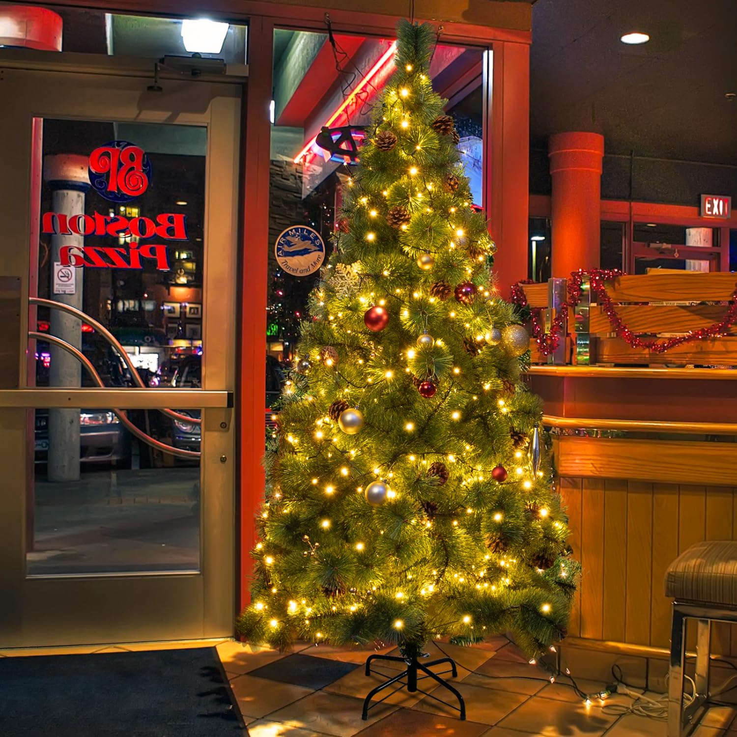 Aigostar 180 CM Árbol de Navidad Artificial,con Cadena de Luces LED de 18 M,300 LED Blanco cálido,8 Modos de Iluminación,Ramas Aguja de Pino con Piñas,Verde,Incluye Soporte de Meta