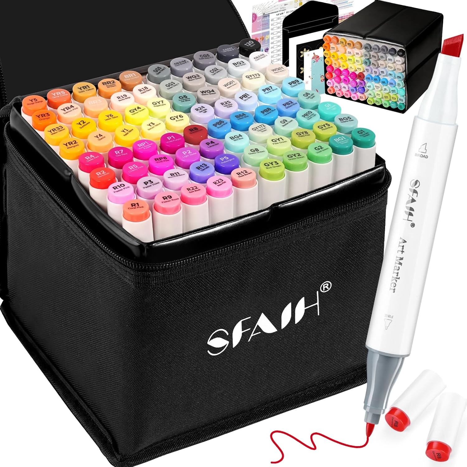 SFAIH Alcohol Markers Fine & Chisel - 81 Colors Dual Tip Art Markers for Adult Coloring Sketch Illustration, Christmas Gifts for Teens Beginners Grandkids - Greeting Card & Faux Leather Lining 81 Chisel & Fine