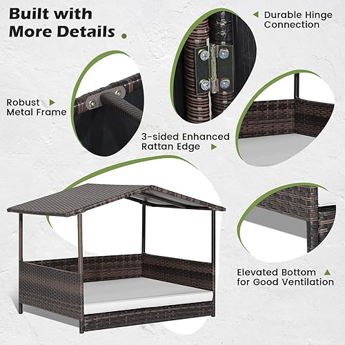 Miniatura 3 de Tangkula Casa de mimbre para perros, cama elevada de ratán para interiores y exteriores con cojín extraíble, funda lavable, techo impermeable,