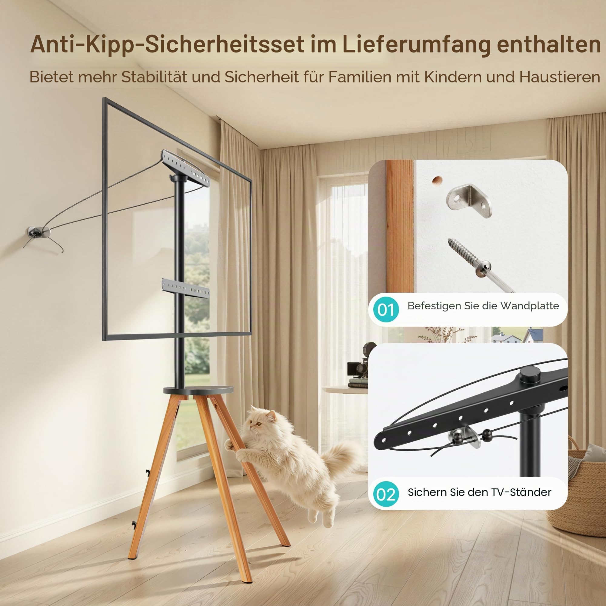 PEGZONE TV Ständer für 45 bis 65 Zoll LCD LED OLED Bildschirm bis zu 40 kg | Tragbarer TV Staffelei Holz mit Holztablett, Tripod TV Standfuss höhenverstellbar schwenkbar, Max VESA 600x400mm,für Haus