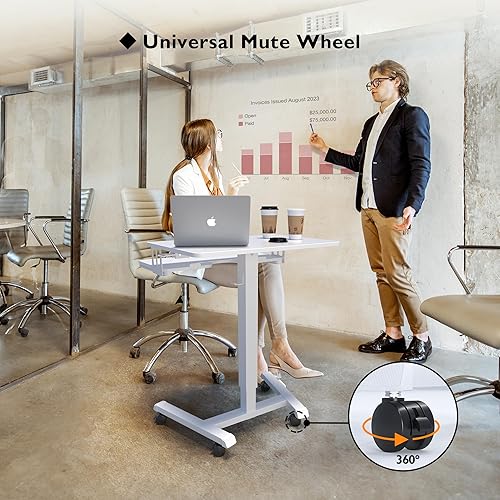 Miniatura 7 de BONTEC Escritorio móvil de pie con bandeja para teclado, podio móvil, escritorio con ruedas para computadora portátil, altura ajustable de hasta 33