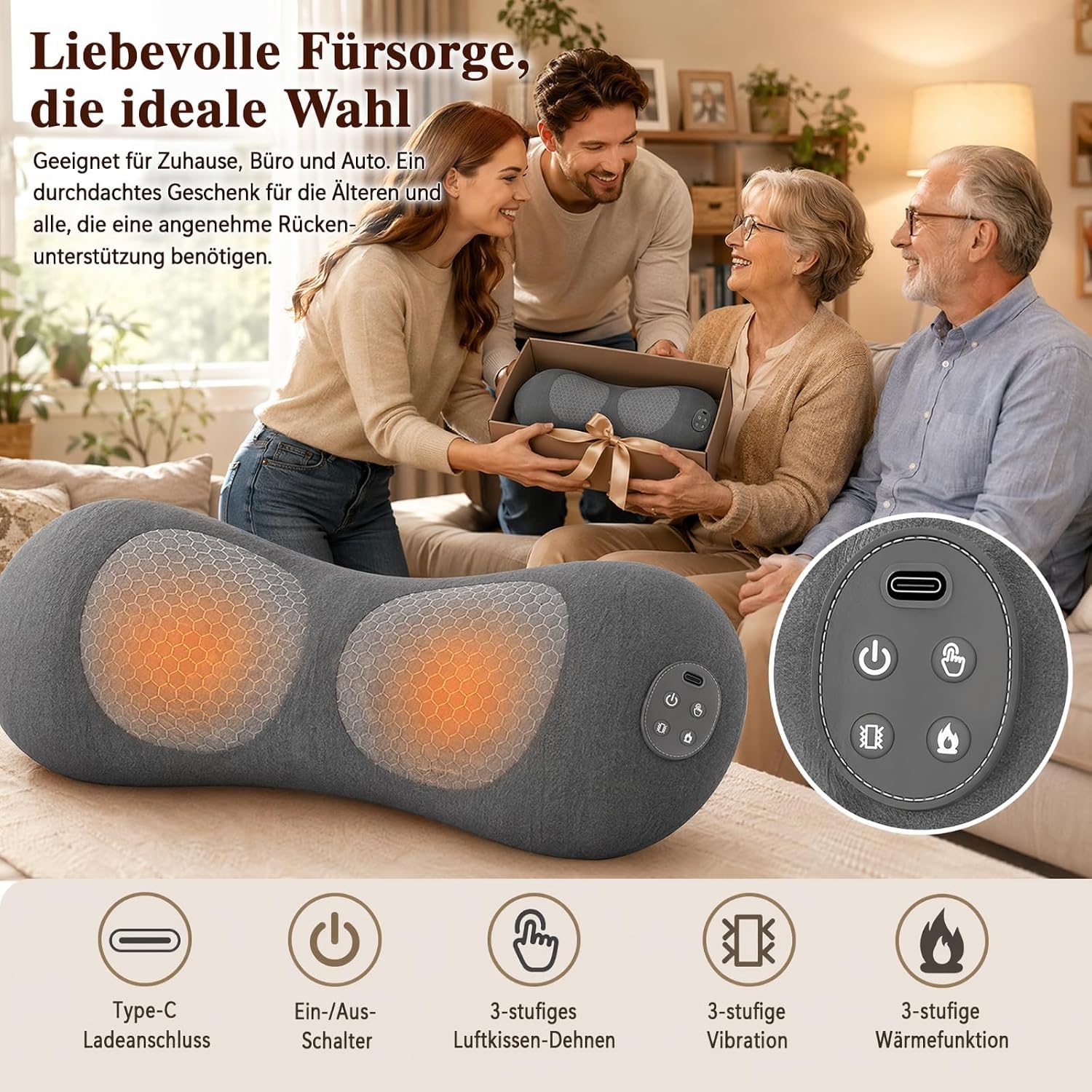 3-in-1 Rückenmassagegerät, Massagegerät mit Wärme Vibration & Dehnung | Rücken Massage Gerät, Nackenmassagegerät, Ergonomische Rückenstütze für Nacken, Schultern und Rücken Büro Zuhause Reise