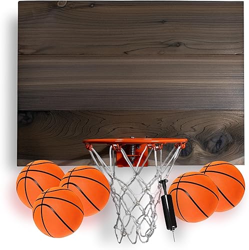 Tablero de baloncesto de 3 paneles de madera para interiores, incluye aro de 9 pulgadas, red, 5 mini pelotas de baloncesto, bomba de mano (lavado