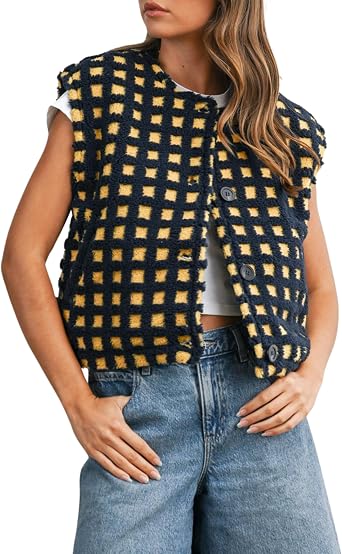 Esmeling Women Plaid Fleece Vest Cap Sleeve Crew Neck Zipper Gilet Checkered Sherpa Jacket With Pockets