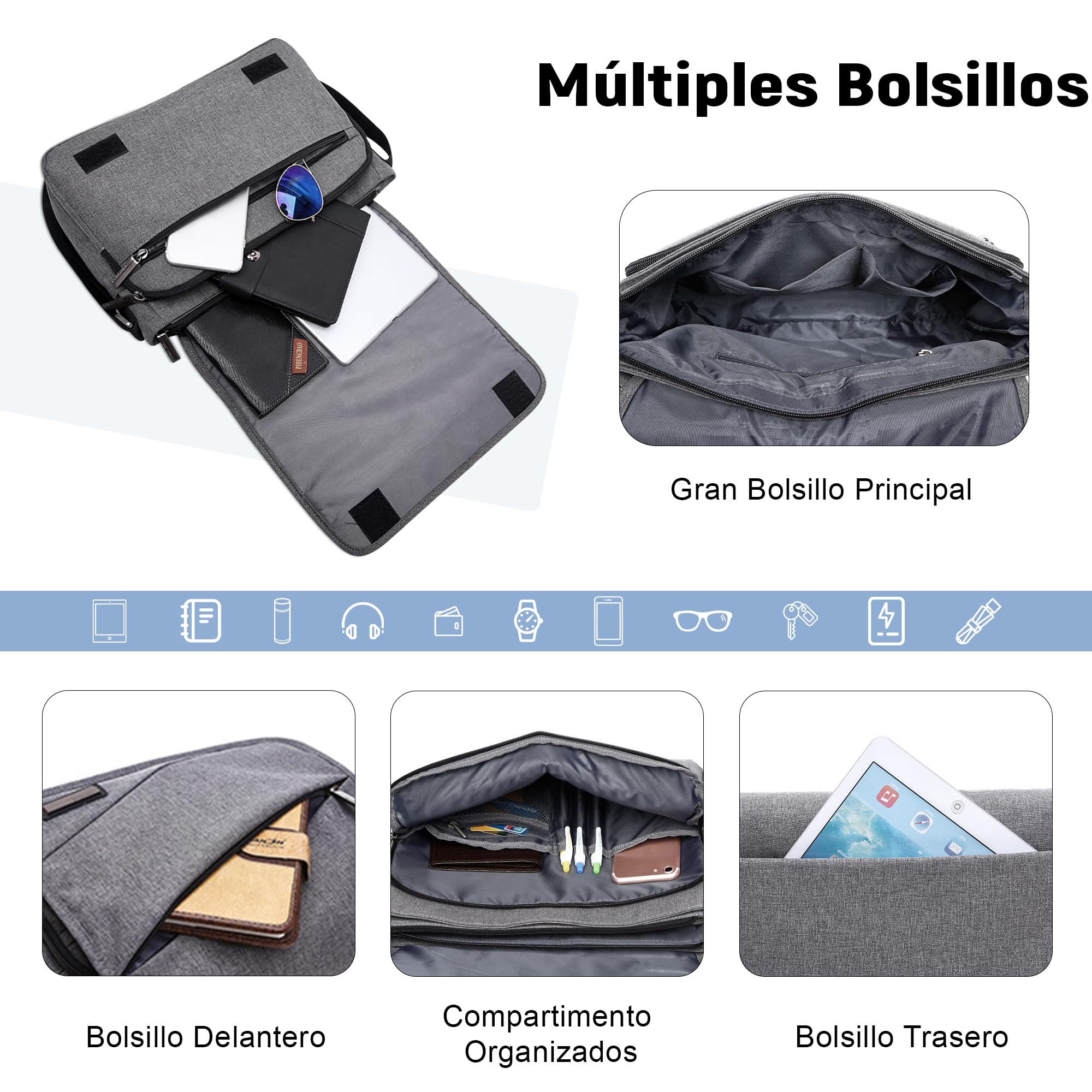 VARLIVOO Moda Bolsos de Hombro para Hombre Bolsa de Mensajero 13 Pulgadas Laptop Bolsas Cruzados Conmutar Viaje Colegio Trabajo Poliéster Gris