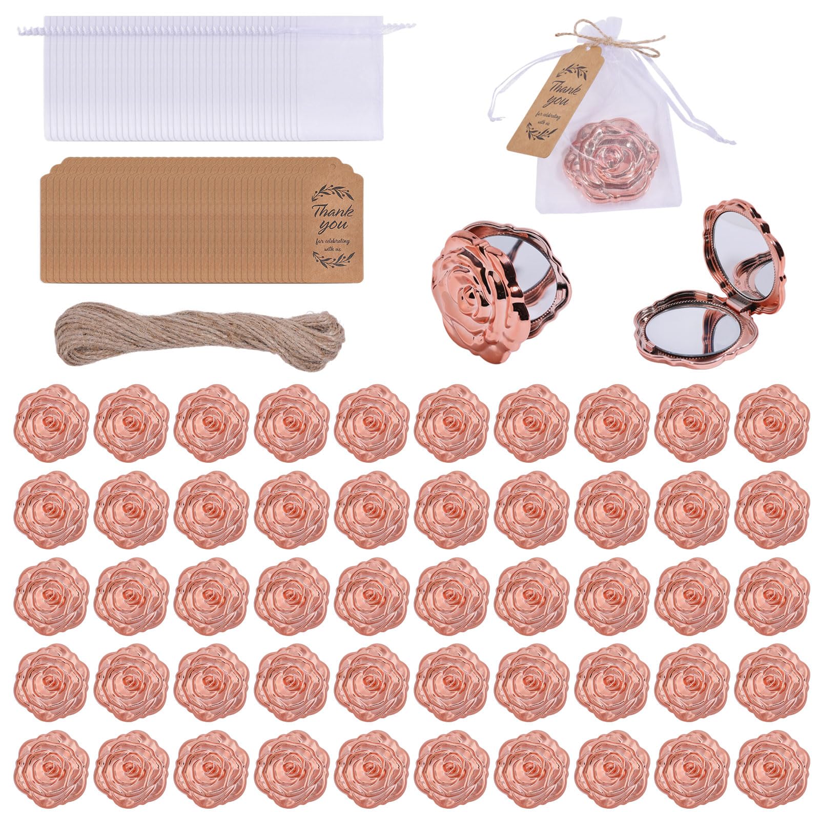 FREEBLOSS Lot de 50 Miroir de Poche Rose Compact 3D avec 50 Cartes et 50 Pochettes en Organza Idéal pour Un Mariage Un Anniversaire Une Fête Prénatale Ou Un Voyage 2.5" Tour