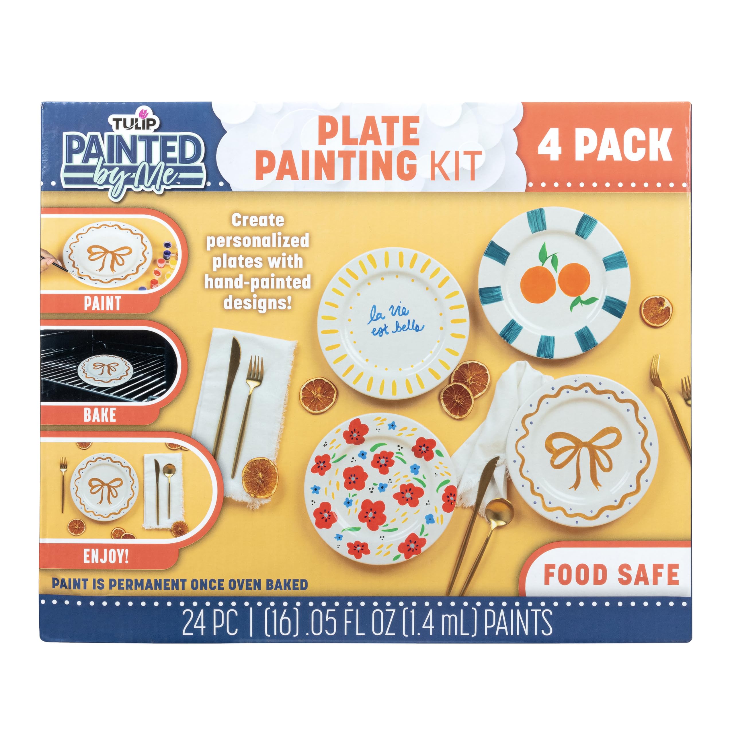 Kit per Pittura in Ceramica Tulip Dipinto da Me – 4 Piatti Dipingibili, 16 Colori Sicuri per Alimenti & 4 Pennelli, Lavabile in Lavastoviglie, Dipingi la Tua Ceramica a Casa