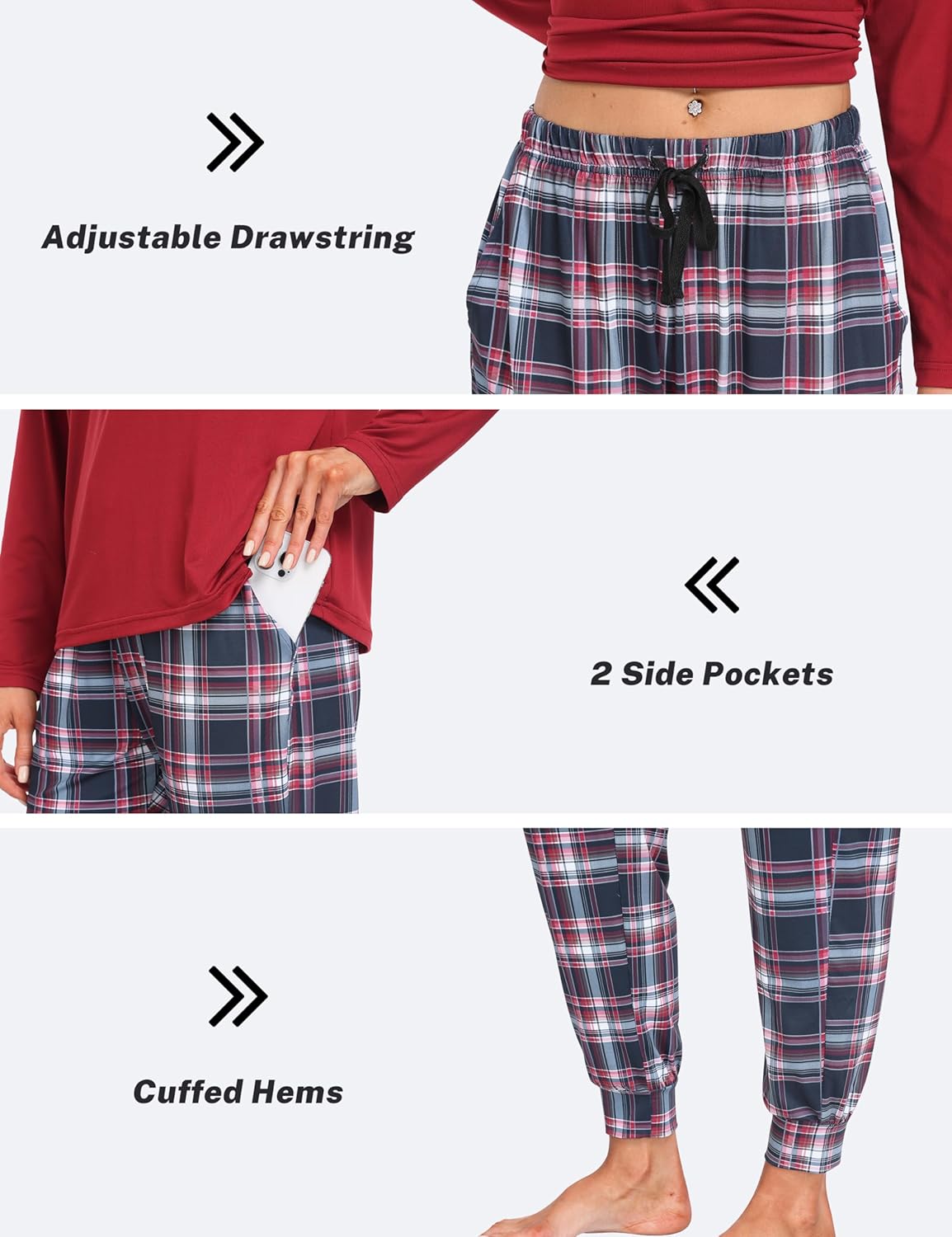 MoFiz Women's Long Sleeve Pajamas Sets with Plaid Pants Comfy Sleepwear Nightwear 2 Piece Pjs with Pockets - Image 6