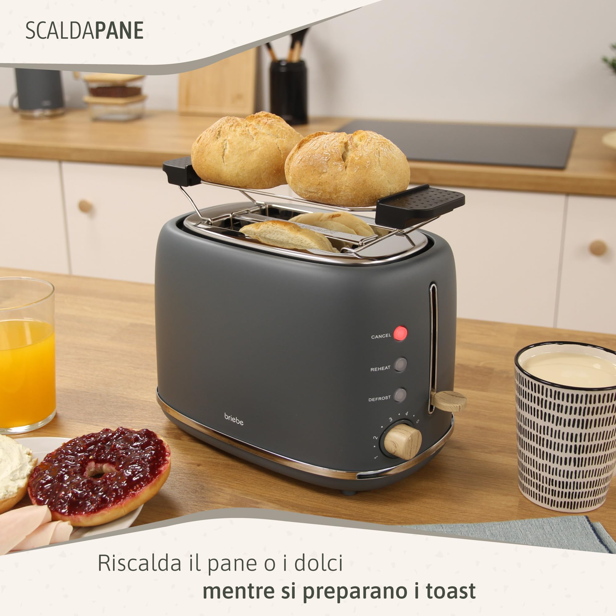 briebe Nordic Tostapane a Fessura Larga a 2 Fette, 6 Livelli di Tostatura, Pinze + Bollitore Elettrico 1,7L Cordless, Ebollizione Rapida 2200 W, senza BPA, Set Colazione Design Nordique, Grigio
