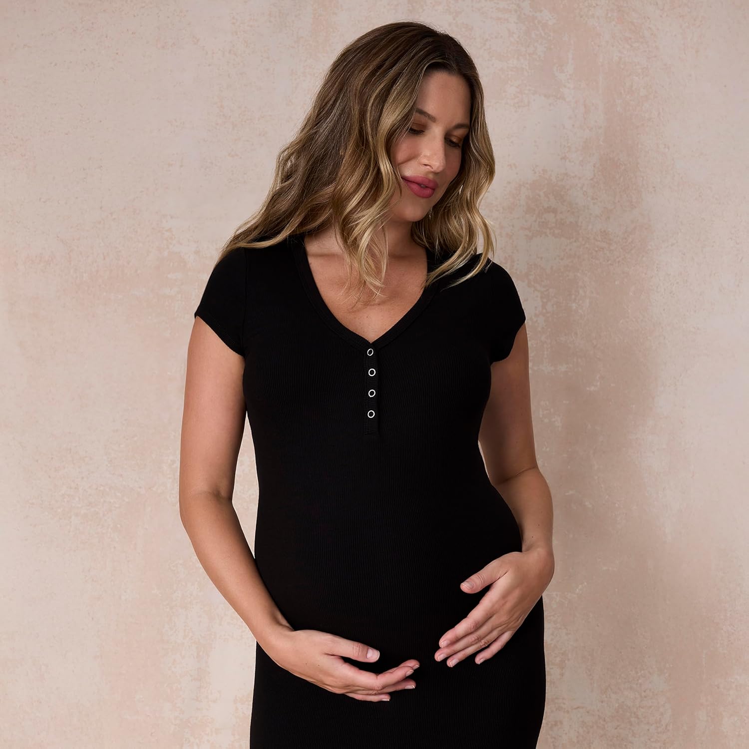 Motherhood Maternity Women's Short Sleeve V-Neck Henley Rib Knit Bodycon Maxi Pregnancy Dress
