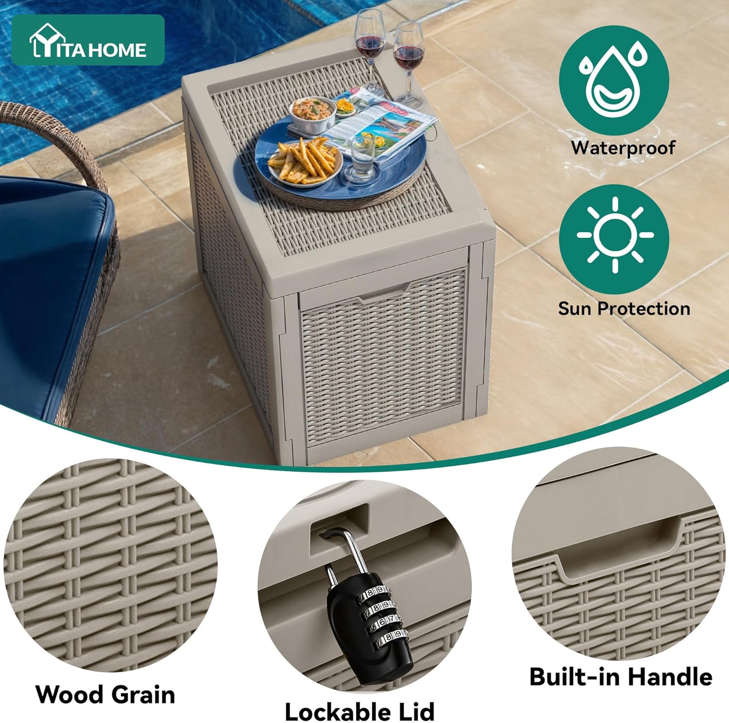 YITAHOME 32 Gallon Deck Box, Resin Storage with Lockable Lid & Side Handles, Indoor Outdoor Small Container for Patio Cushion, Garden Pool Accessories, Backyard Furniture, Water Resistant