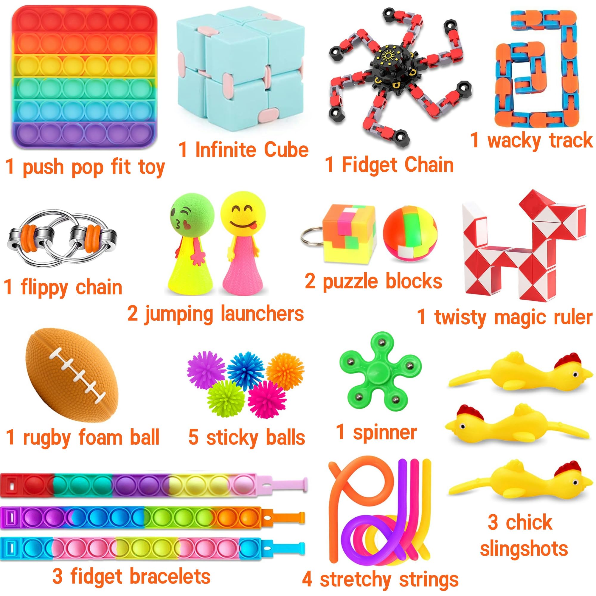 Chennyfun Fidget Toys Set Kit de Juguetes Sensoriales, 27PCS Juguetes Antiestrés, Juguetes Aliviar el Estrés con Cubo Infinito, Twisty Magic Ruler