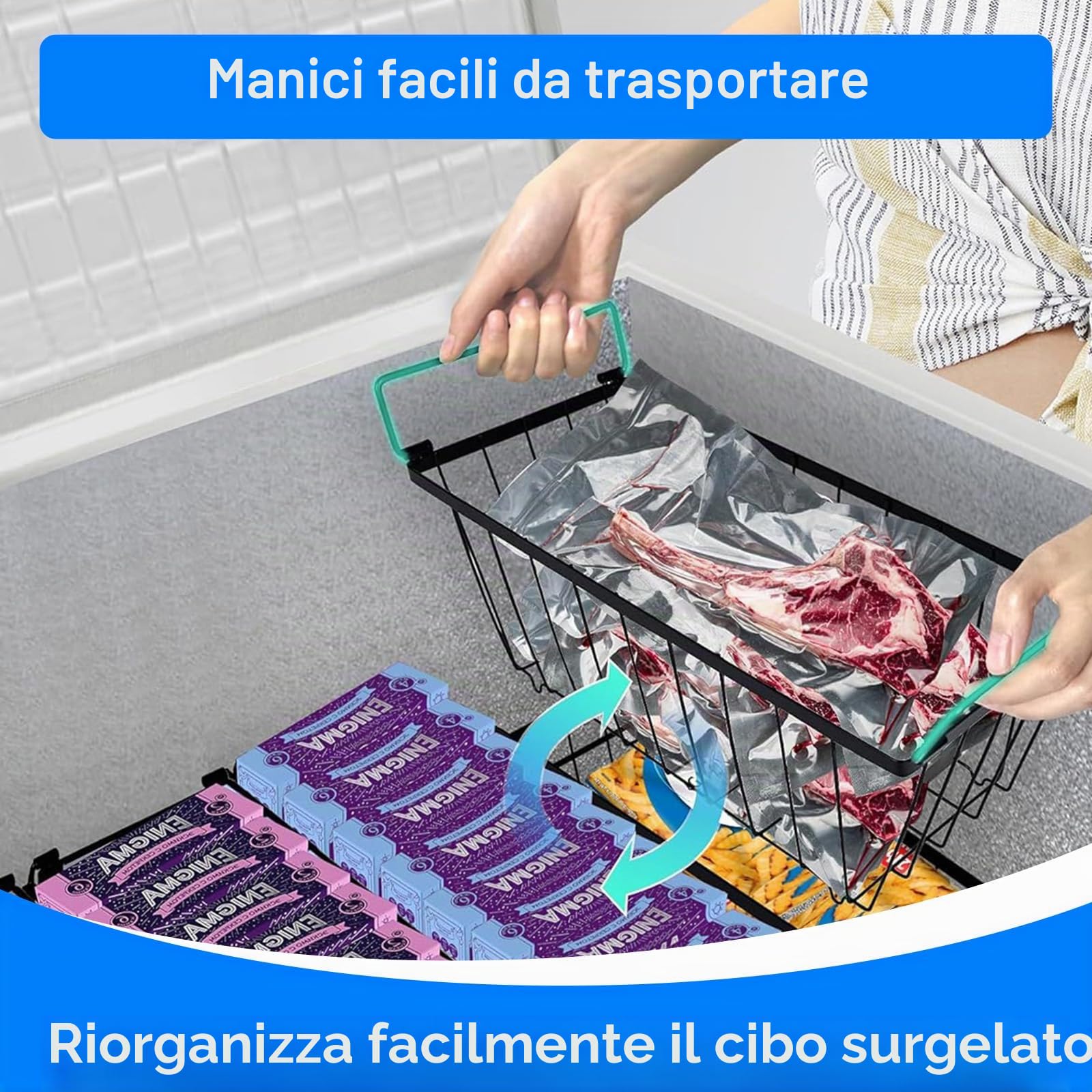 6 Pezzi Cestini per Congelatore, Maniglia Impilabile Cestini Congelatore per 198L Congelatore Organizzare Gli Ingredienti Congelati, Facile Accesso (37x18x15cm)