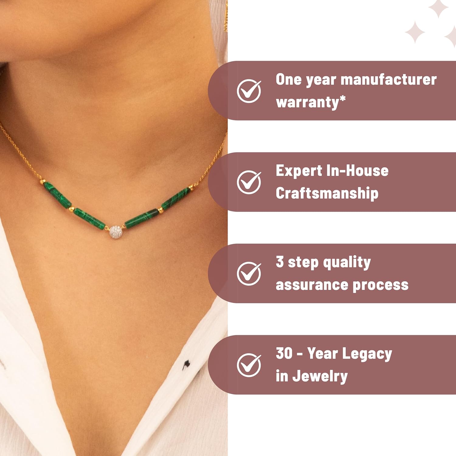 TARINIKA 925 Sterling Silver Malachite Bead Necklace for Women, Gold & White Gold Plated Minimalist Cylindrical Gemstone Jewelry, Contemporary Links with Hoop, Handcrafted Luxury Gift - Image 4