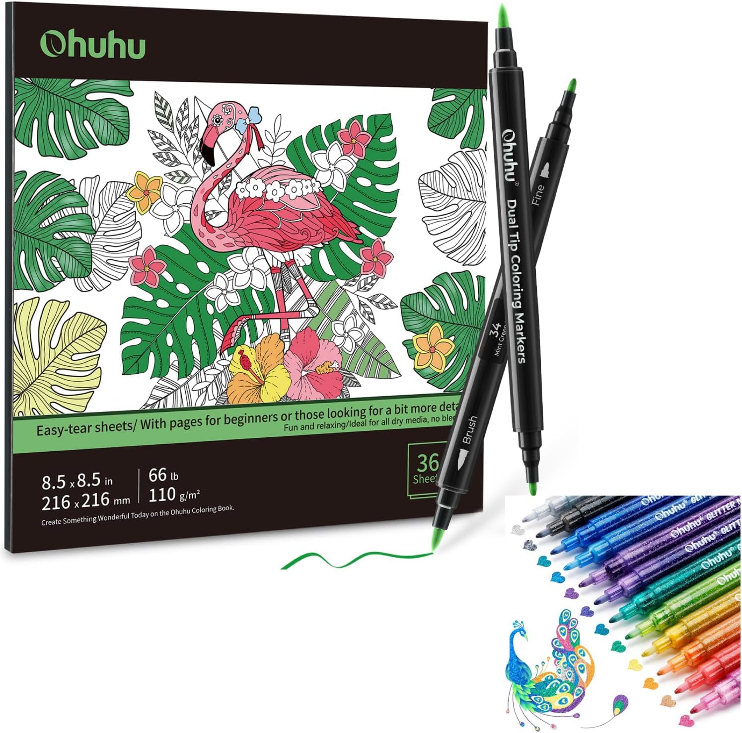 Ohuhu Coloring Book 36-sheet with Coloring Markers & Glitter Markers