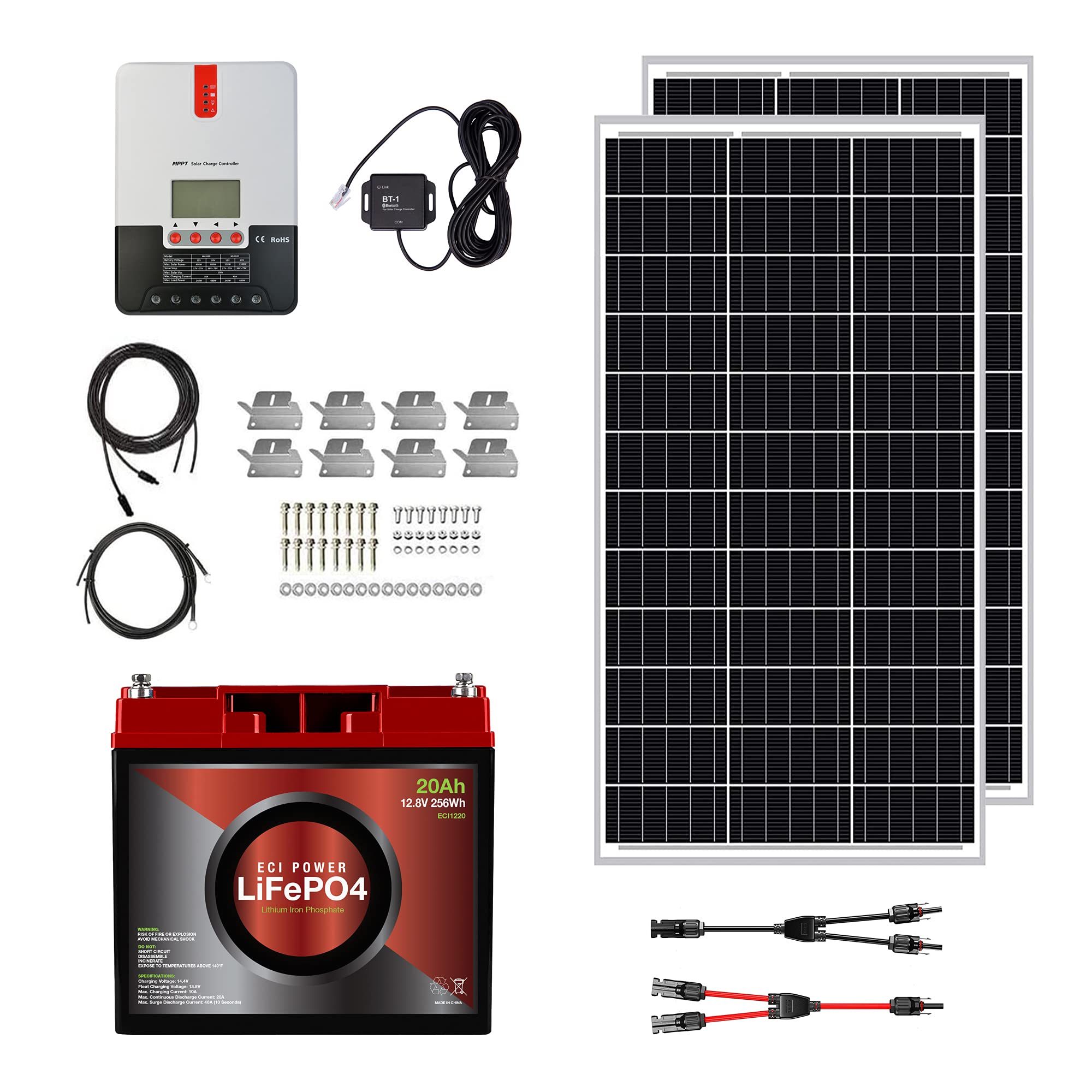 ECI Power 200W 12V Solar Power Kit | 12V 20Ah LiFePO4 Lithium Battery | 200W Mono Rigid Solar Panels