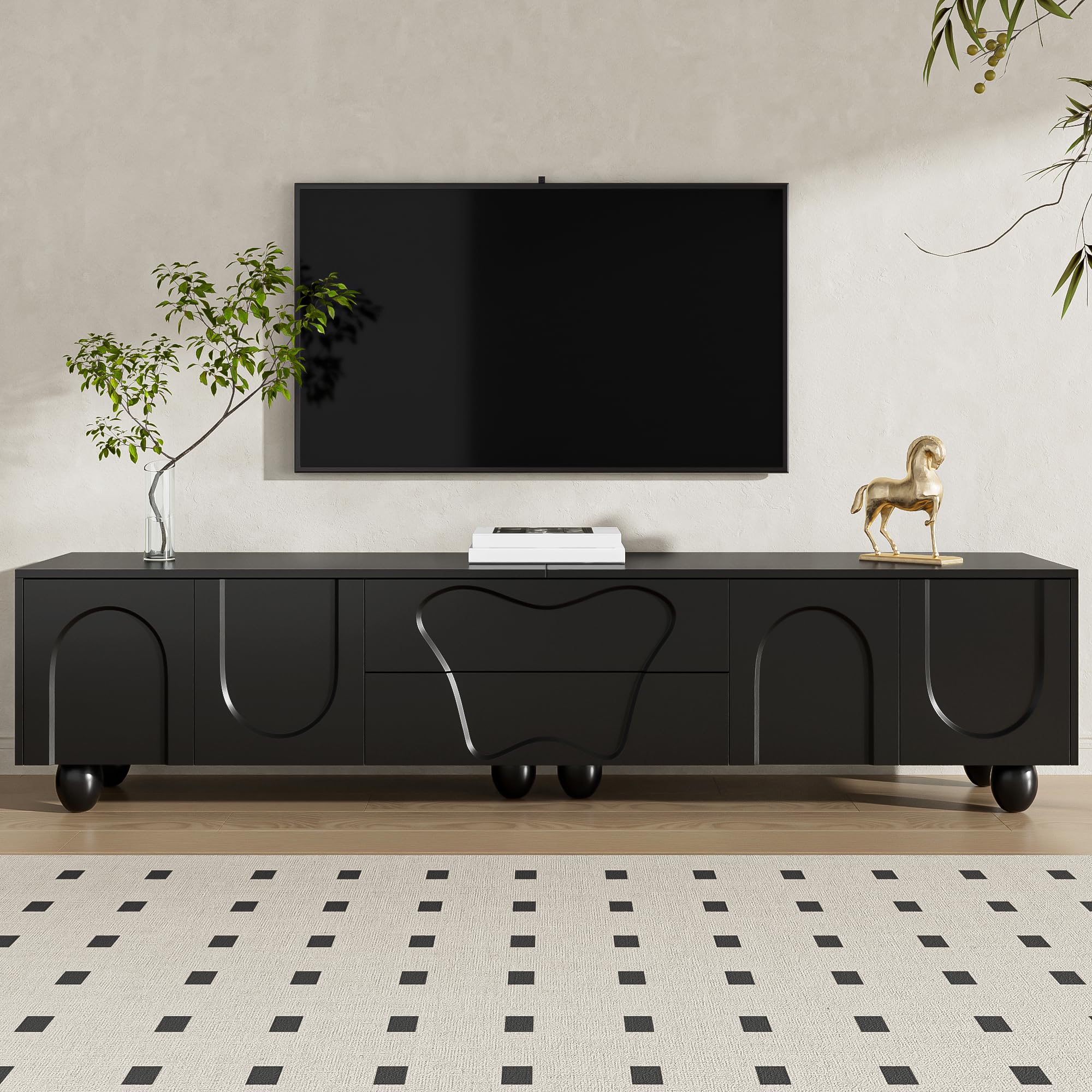 BTM 180 cm TV Cabinet with Wooden Legs – A minimalist and elegant TV cabinet with ample storage space, a unique design, and flexible storage solutions for a stylish living room,Black