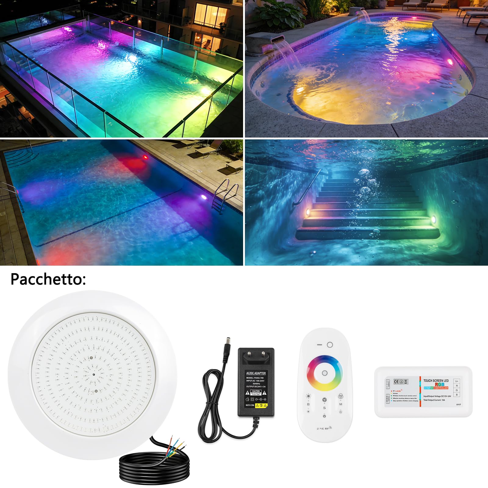 COOLWEST Proiettore Piscina LED con Filettatura 1 1/2", 25W Lampade Piscina RGB Multicolore con Telecomando, Ø180mm, 24V DC IP68 Impermeabile Luci per Piscinas Cemento SPA