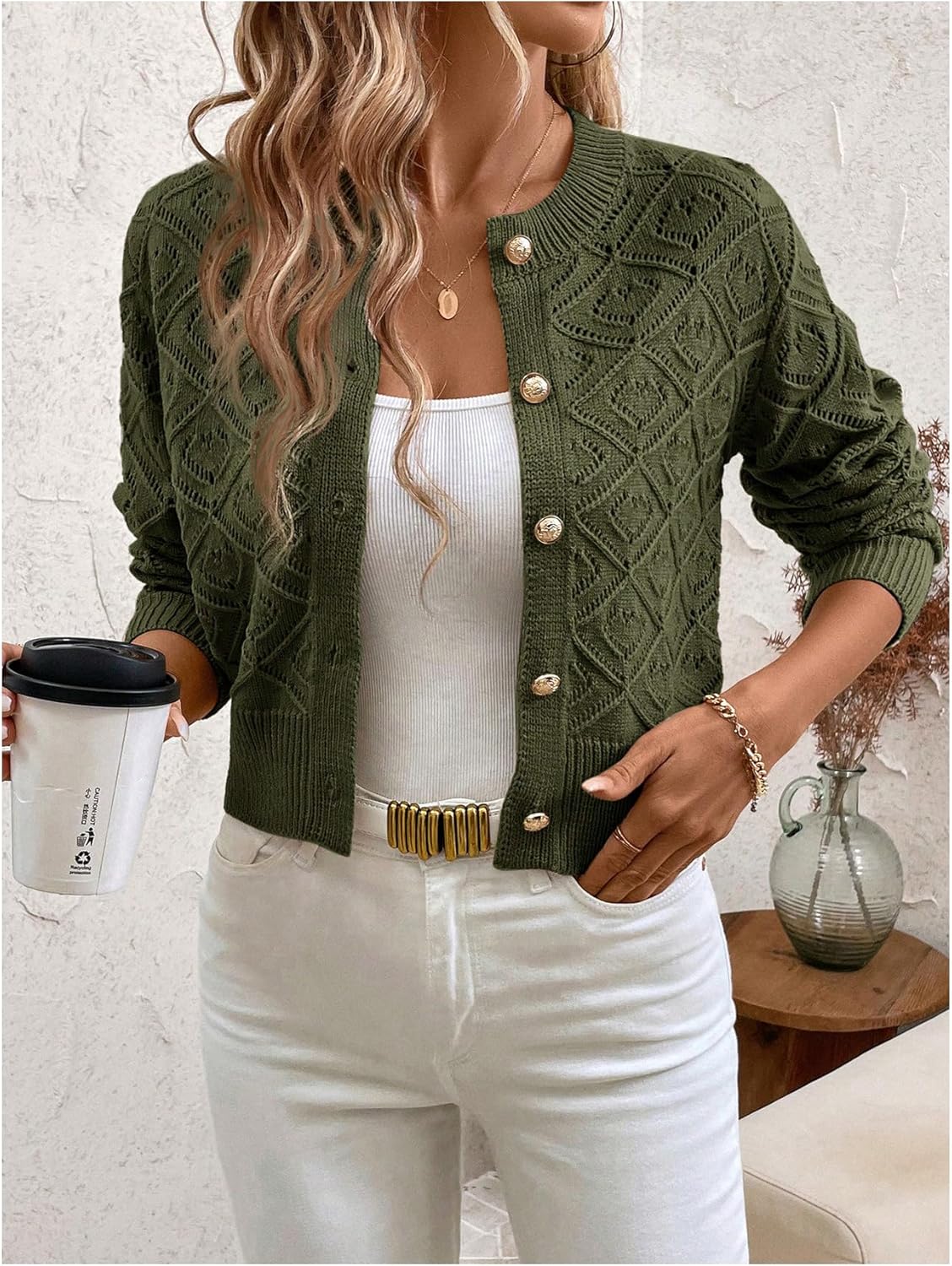 Floerns Women's Eyelet Button Down Cardigan Sweaters Long Sleeve Crew Neck Lightweight Knitwear - Image 4