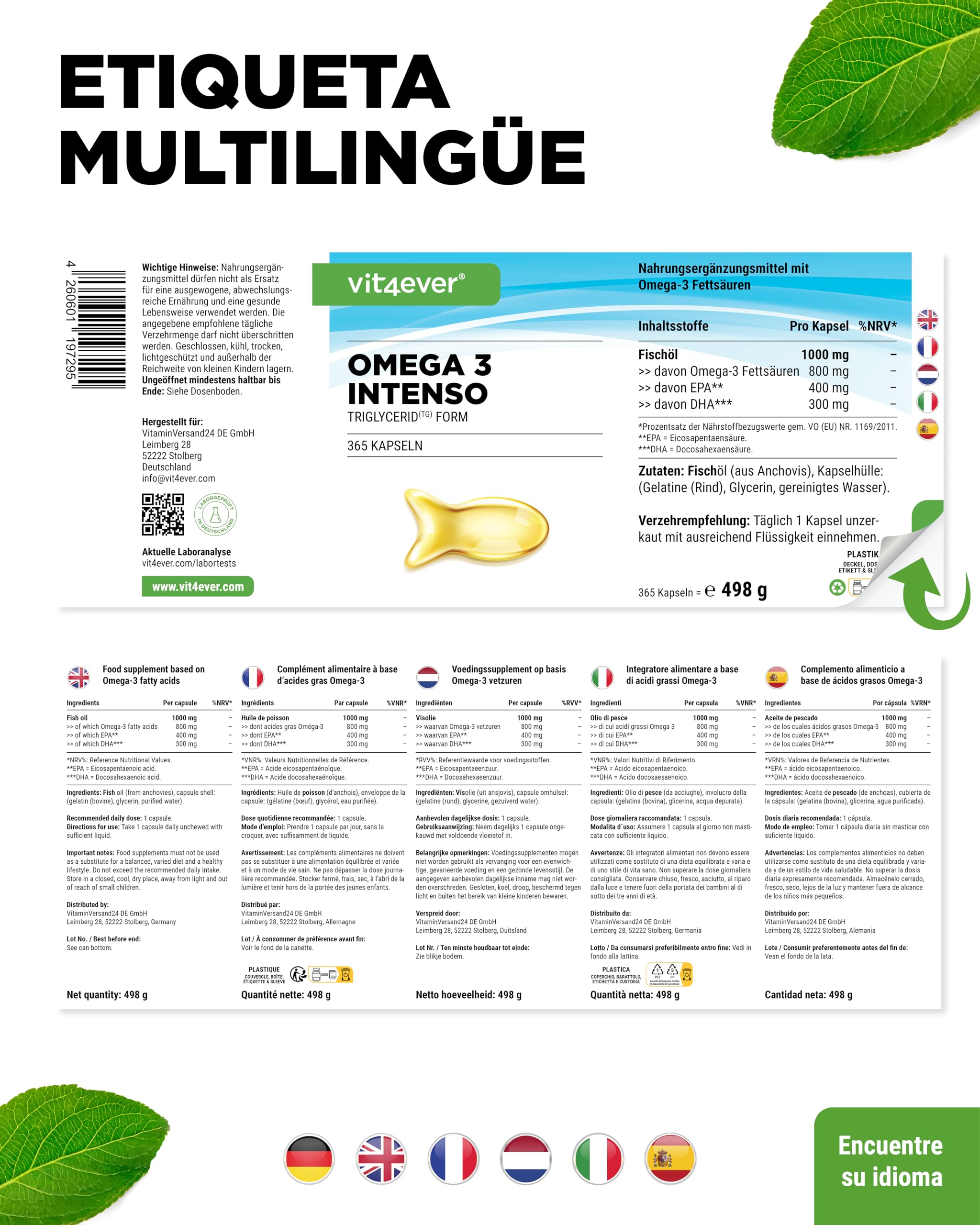 Omega 3 Premium Con Einem 80% De Ácidos Grasos - 365 Cápsulas - 1000 Mg De Aceite De Pescado Por Cápsula Con EPA Y DHA - En Forma De Triglicéridos - Elaboradamente Purificado A Partir De Pesca Sosteni