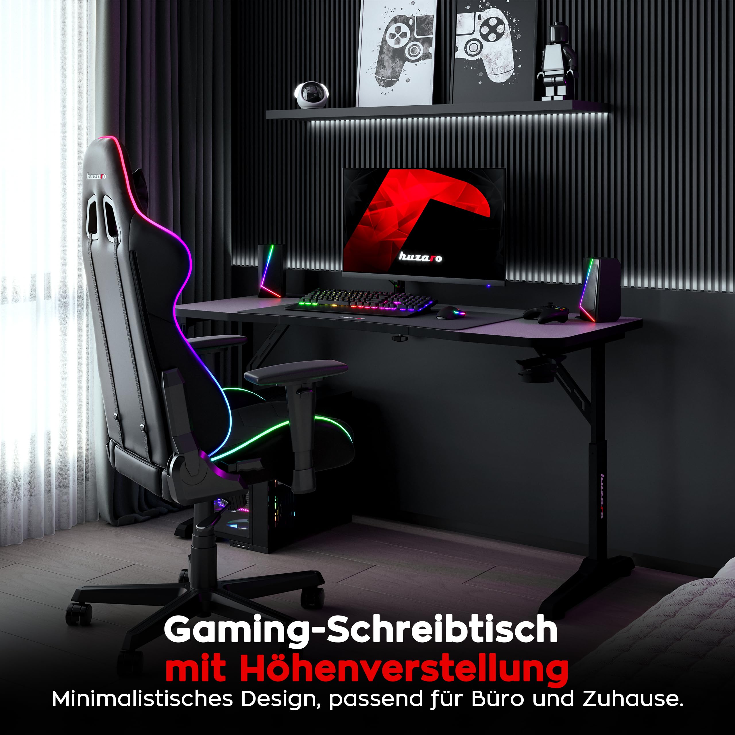 huzaro Hero 3.6 biurko gamingowe, regulowane w wysokości, biurko LED do PC 140×60 cm z powierzchnią z włókna węglowego, XXL podkładka pod mysz, zaczep na słuchawki i uchwyt na napoje, biurko dla