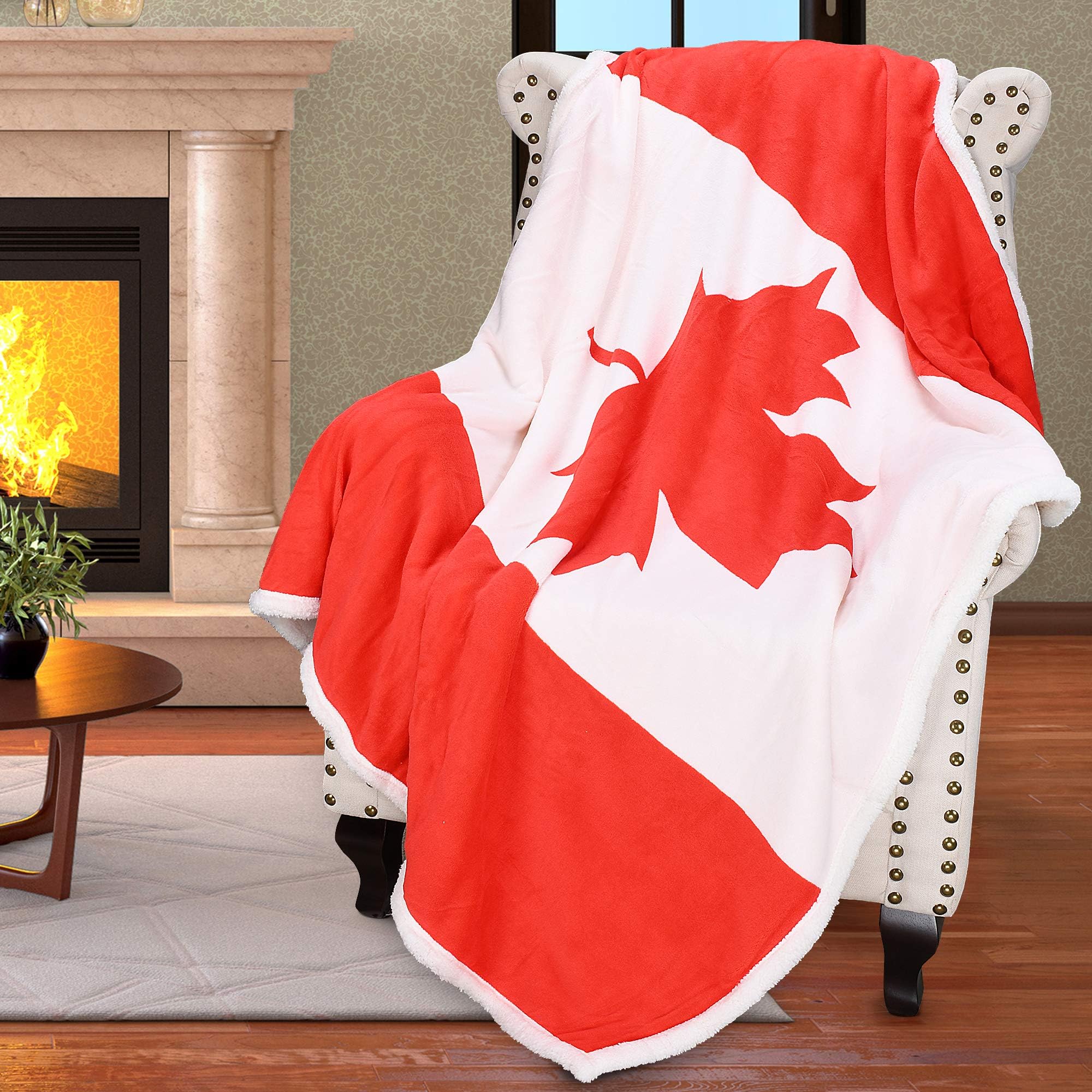 Catalonia Sherpa Fleece Blanket,Canada National Flag Maple Leaf Print Patriotic Plush Super Soft Warm Reversible Polar Throws for Couch Bed 60โ x 50โ