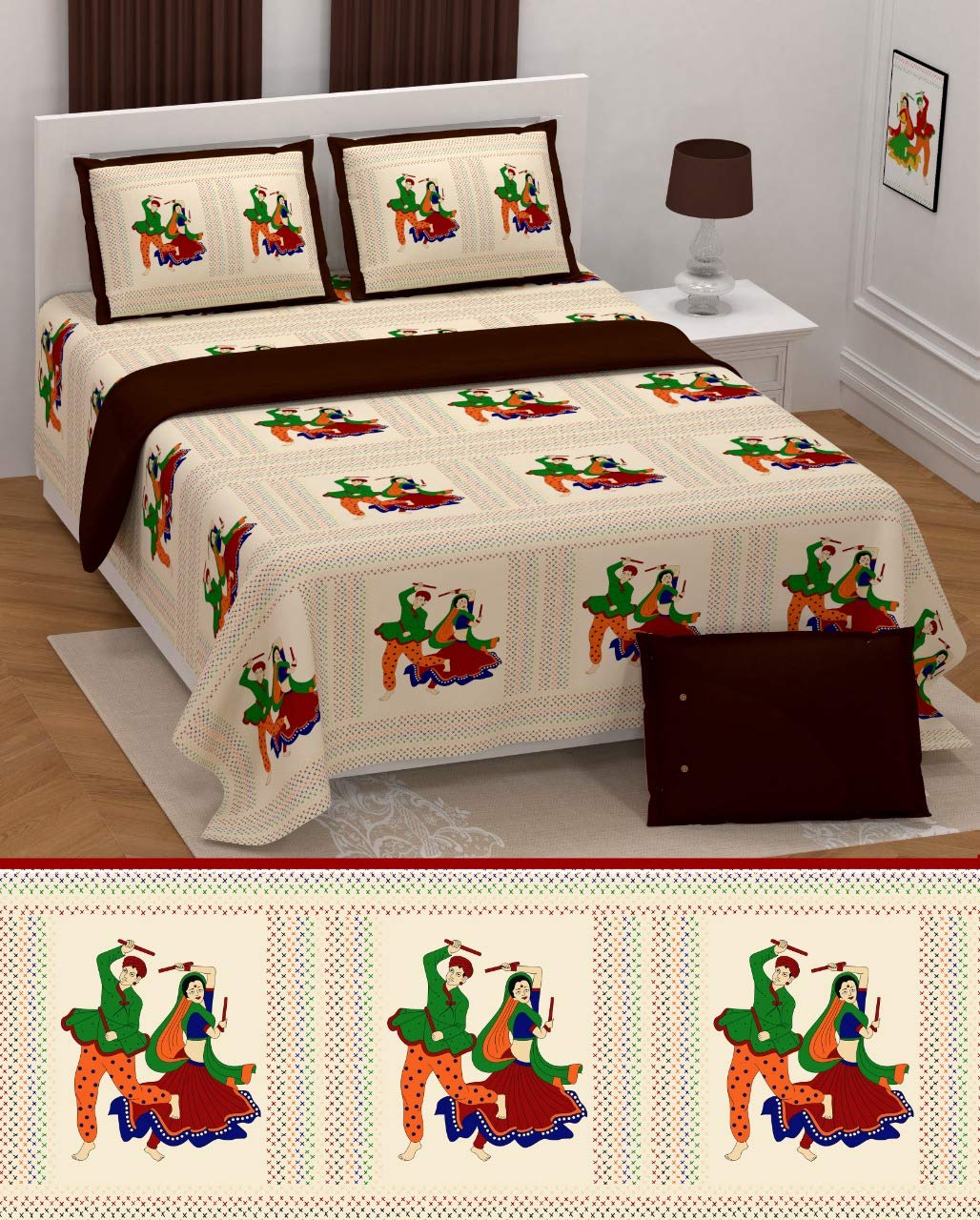 PRINZIP Rajasthani Jaipuri Print Traditional Cotton Double Size Bedsheet with 2 Flap Pillow Covers (Beige)