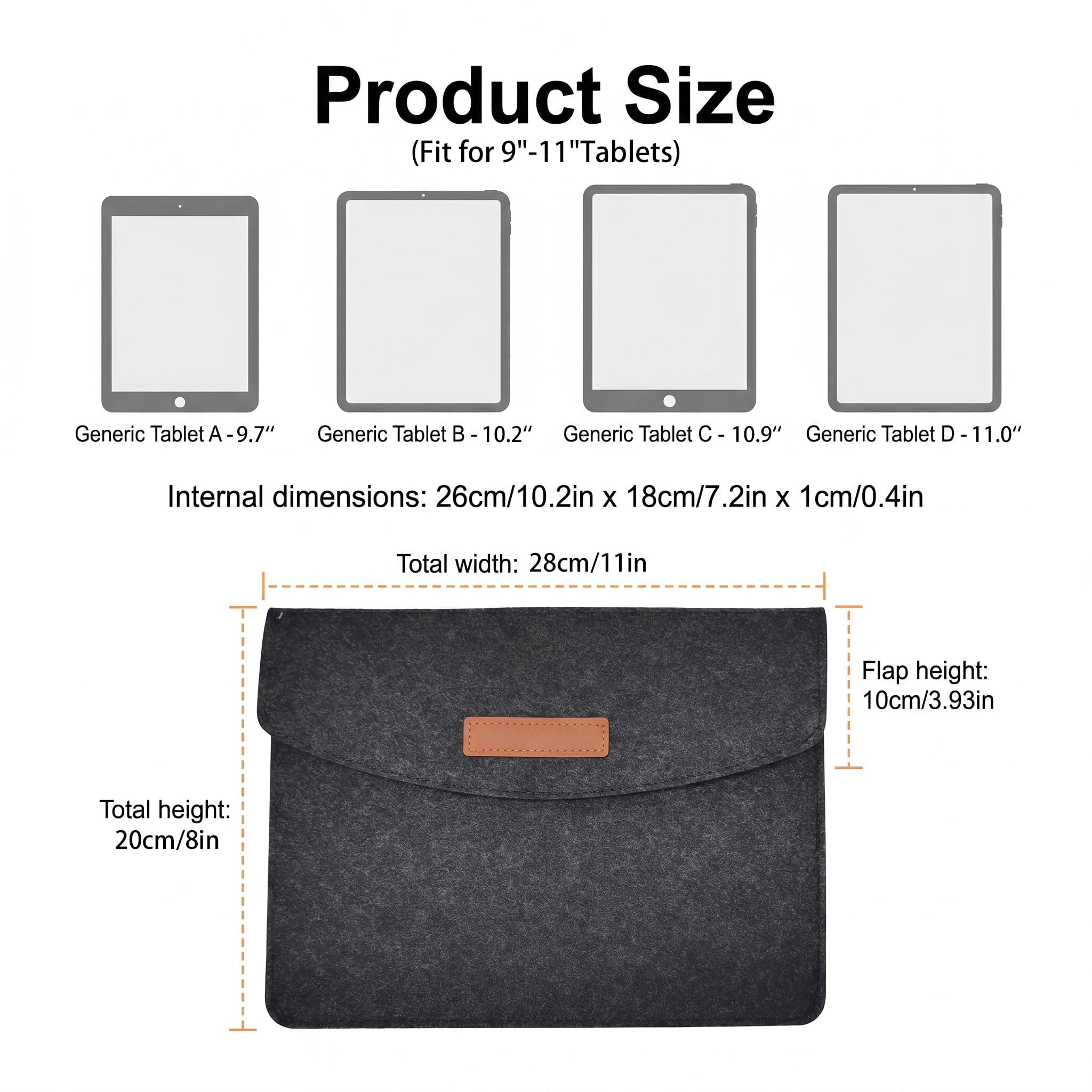 9-11 Zoll Filz Tablet Tasche Hülle, Passend für iPad Air M4/A16, iPad Pro M5/M4/M2/M1, Air M3/M2/5/4/3, 1Pad 7.–10. Gen, Galaxy Tab S9 S8, Surface Go 2/3, Tablet Sleeve mit Zubehörfach, Dunkelgrau