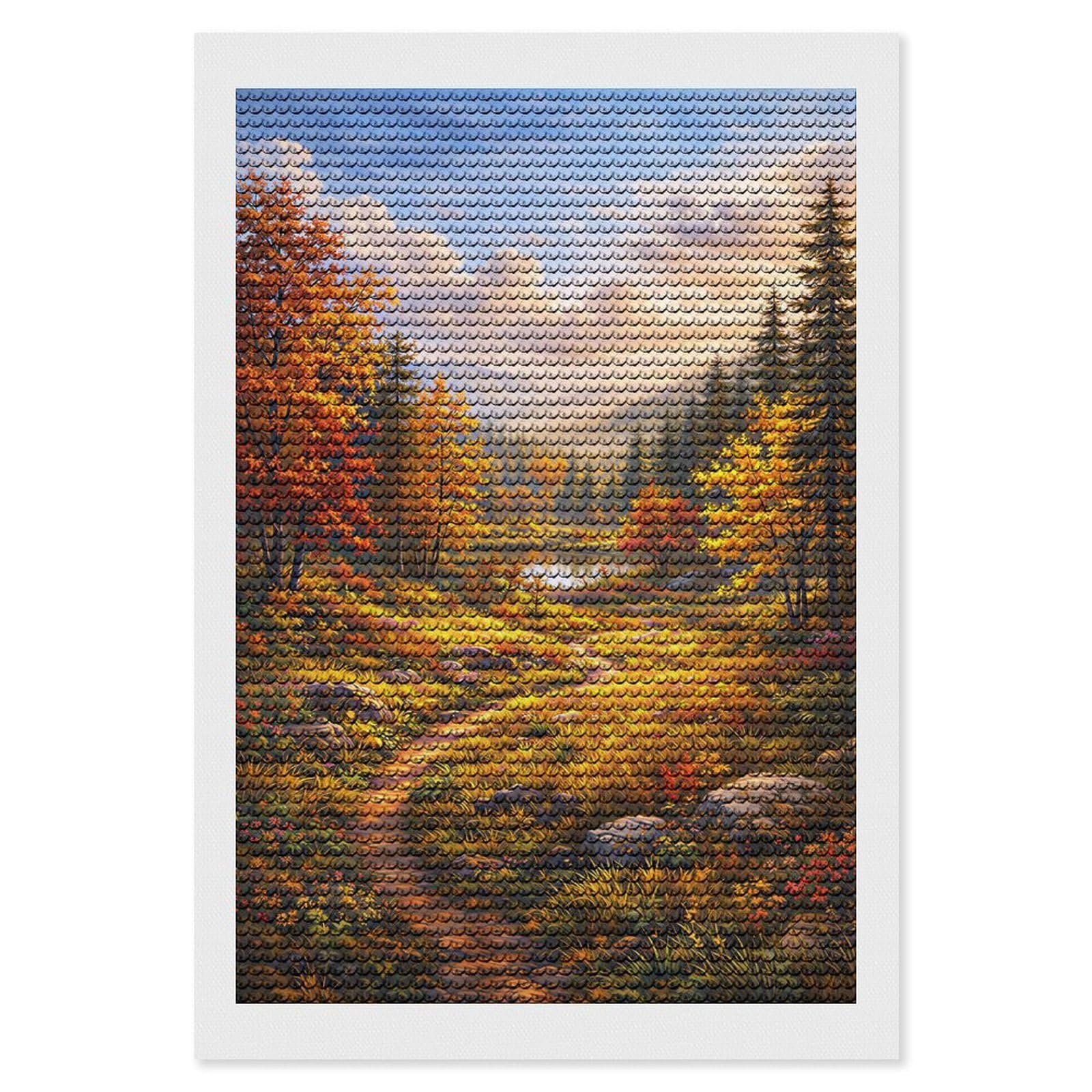 Junmoney Autumn Landscape with Path and Lake Crystal Diamond Art Kit 8"x12", Round Gems, Detailed Printed Canvas, Creative Gift Idea, Vintage Style Decor