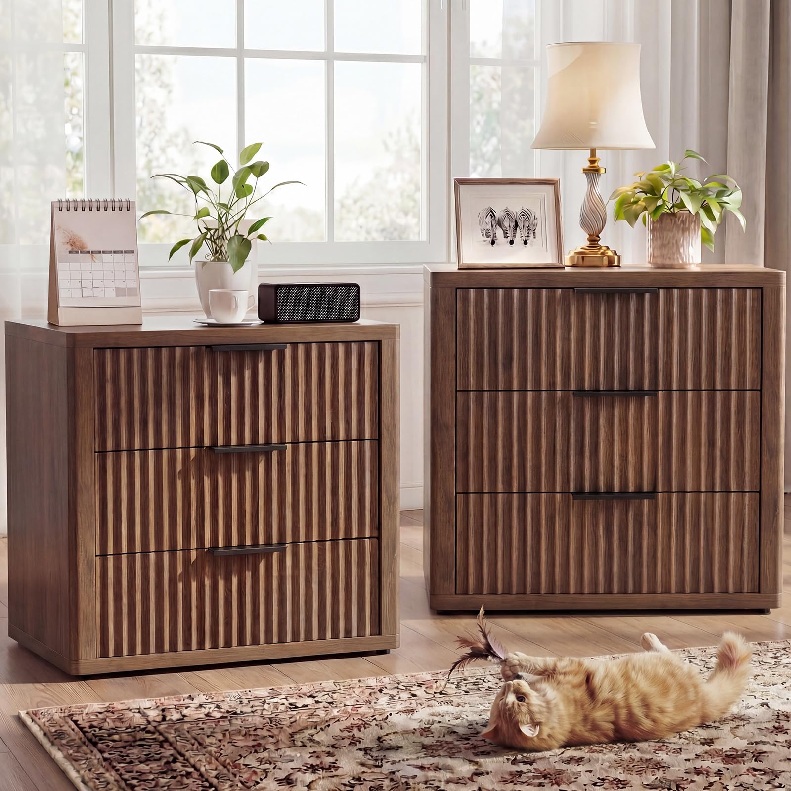 Fluted Nightstand with 3 Drawers, Nightstands Set of 2, Walnut