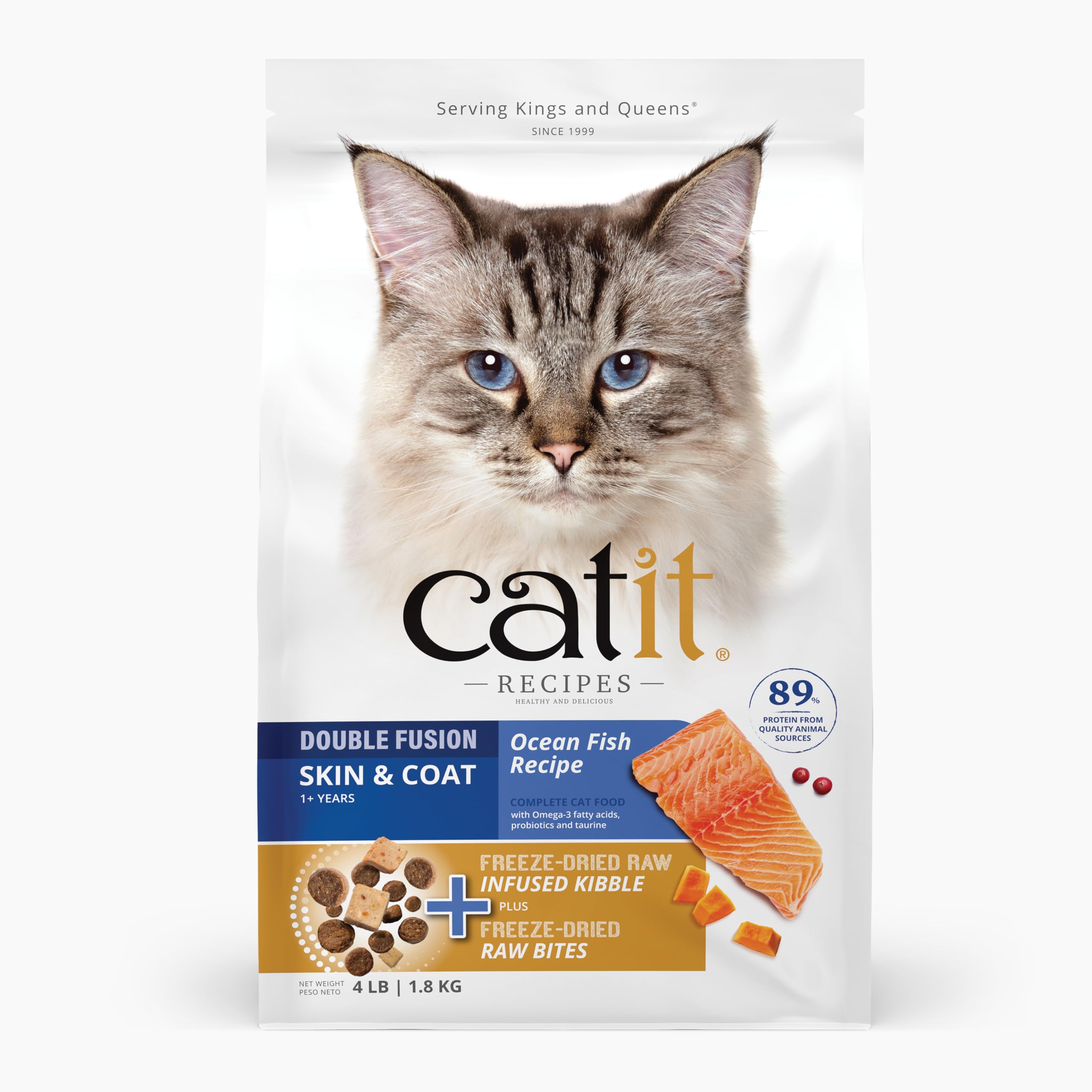 Catit Recipes Double Fusion Skin & Coat Cat Food – Ocean Fish Recipe, High-Protein, Freeze-Dried Raw Toppings, Omega-Rich for Healthy Skin & Fur, No