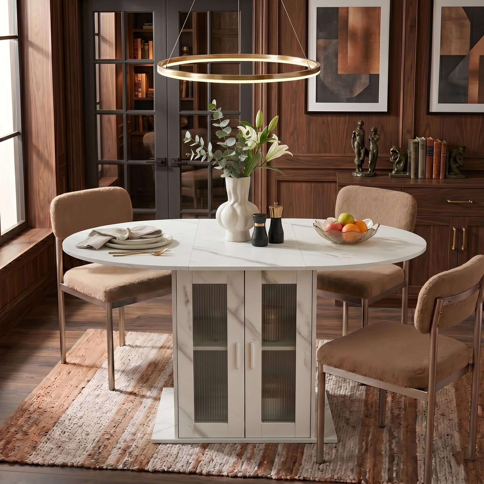 1 mesa de comedor extensible con almacenamiento para frigorífico, mesa de comedor redonda y ovalada para 4 – 6 personas, estable y ahorra espacio, para cocina, comedor y sala de estar (blanco, 100-140