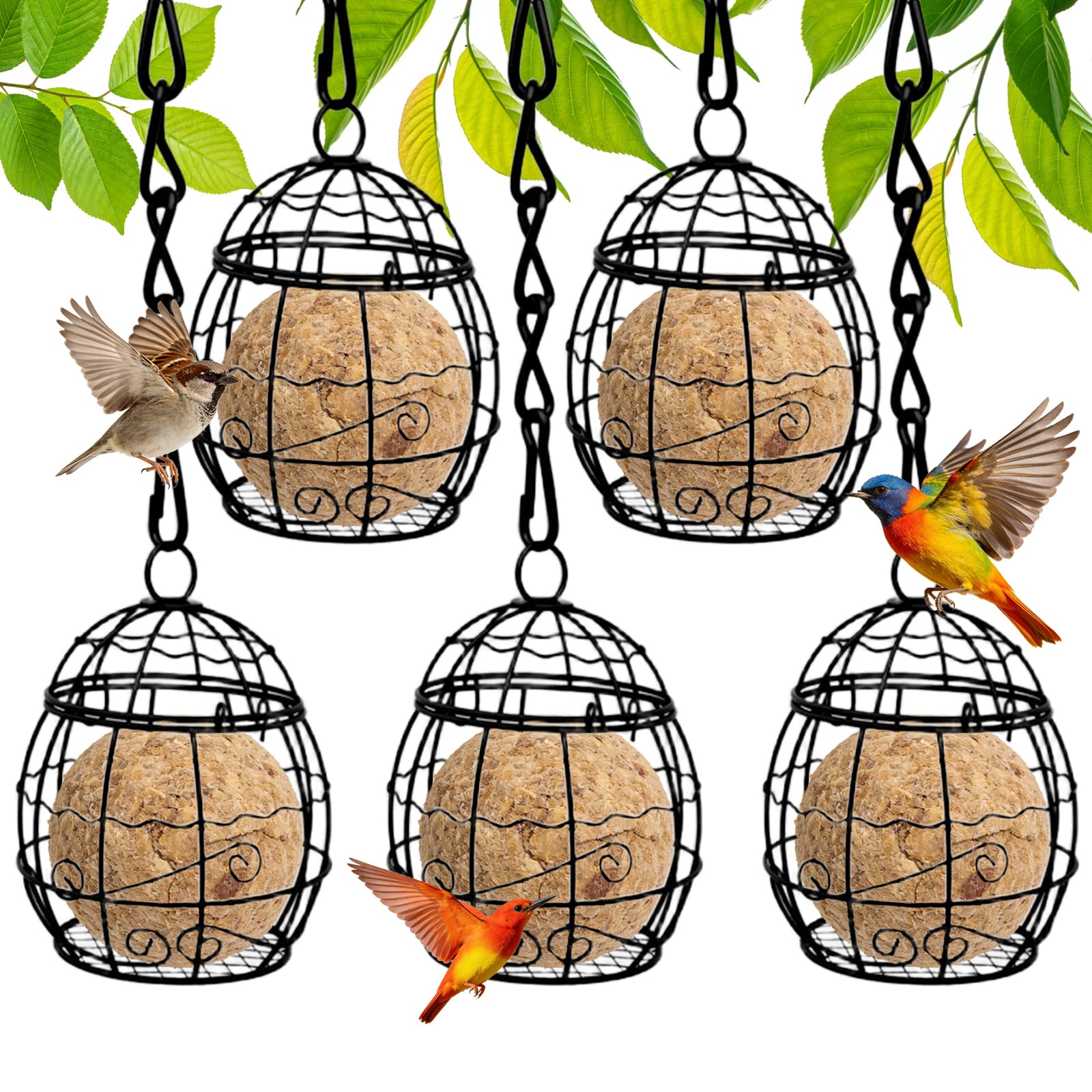 Fat Ball Bird Feeders, 5PCS Metal Fat Ball Bird Holder with 4 S-shaped Hooks, Hanging Suet Ball Feeder for Outdoor Garden Wildlife Birds Finch Sparrow Robin