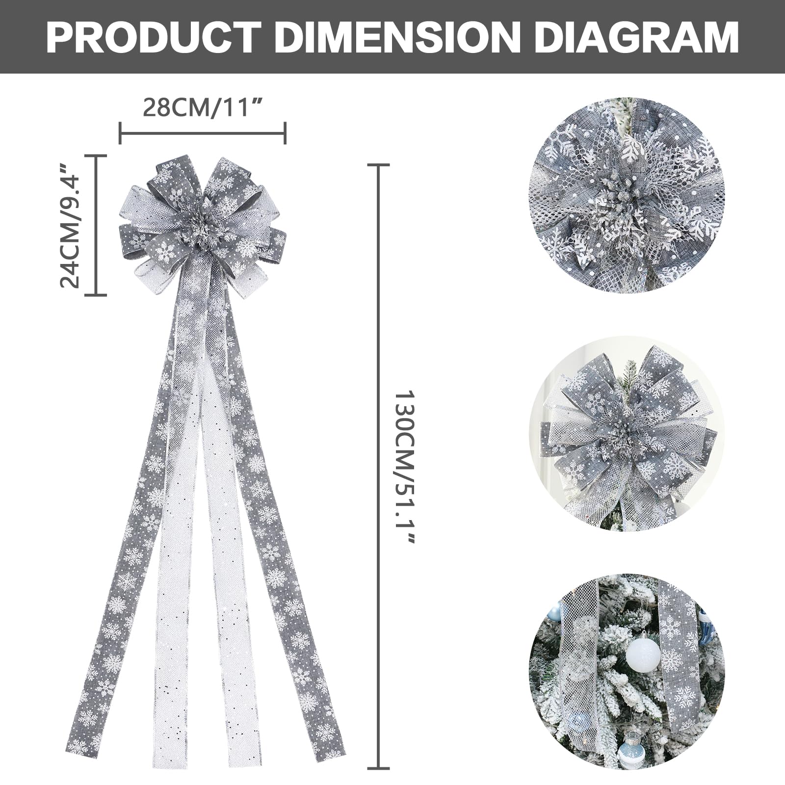 Cimier de sapin de Noël, grand nœud pour décoration de Noël, décoration de vacances, maison, mariage, Thanksgiving, intérieur/extérieur (gris argenté)