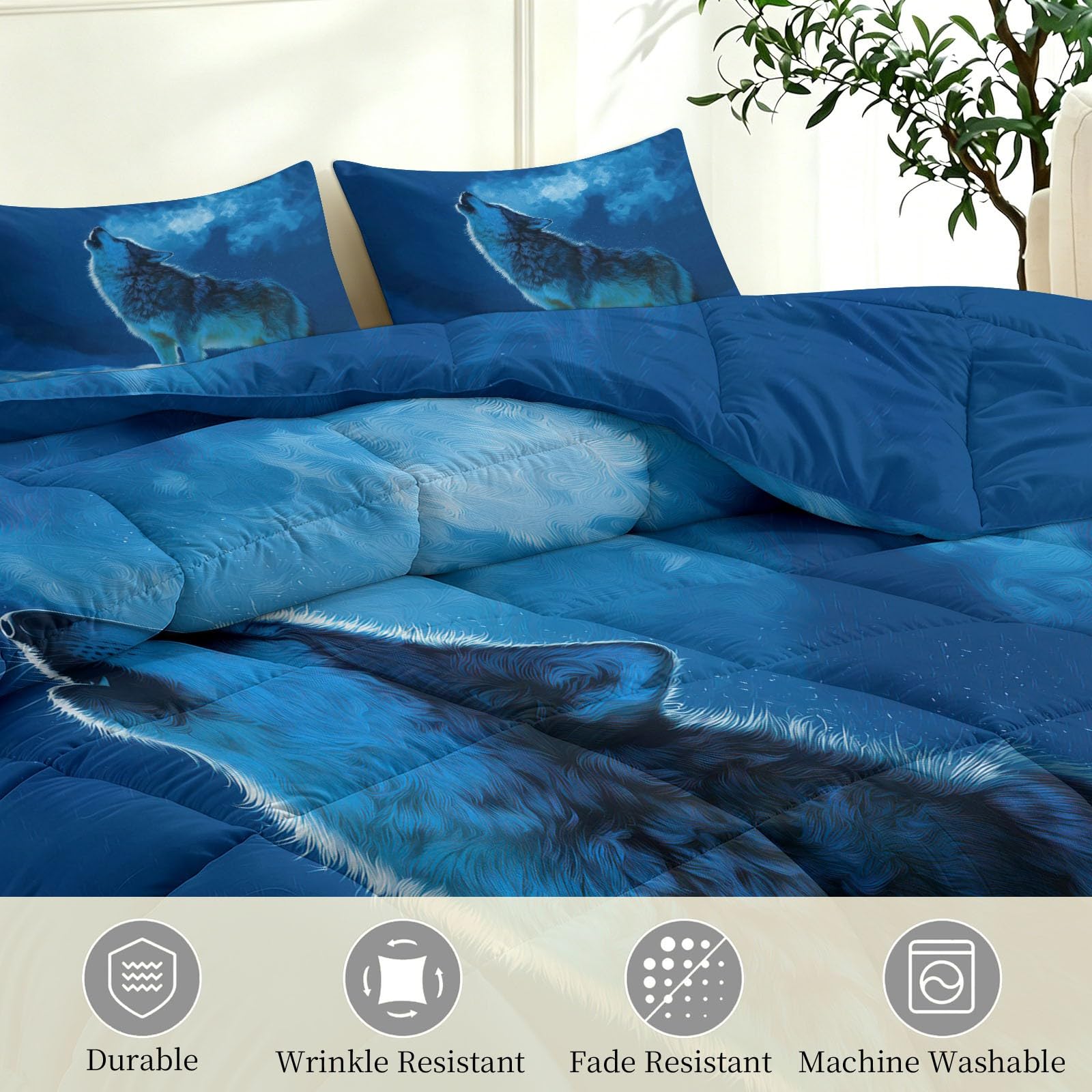Poszewka na kołdrę pojedynczą 7,5 tog z 2 poszewkami na poduszki – 135 x 200 cm, dwustronna kołdra, fantazyjne zwierzę, wilk i księżyc, lekka i przytulna, antyalergiczna, można prać w pralce