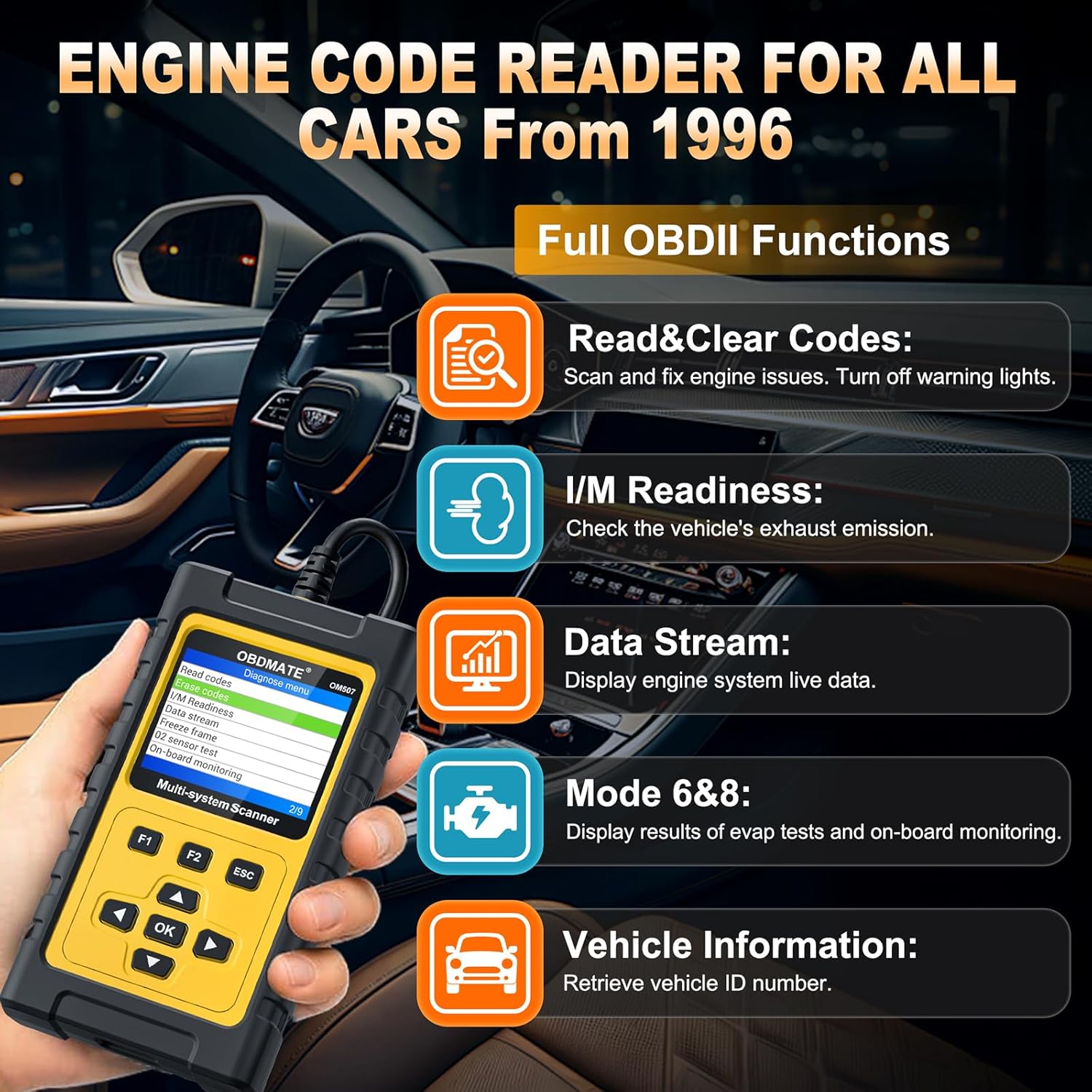 OBD2 Scanner Diagnostic Tool for GMC/Buick/Chevrolet/Cadillac, OM507 All Systems Diagnostic with 12 Resets (Oil/ETC/EPB/ABS/SAS/BAT Register...), Full OBDII Functions Read&Erase Fault Codes