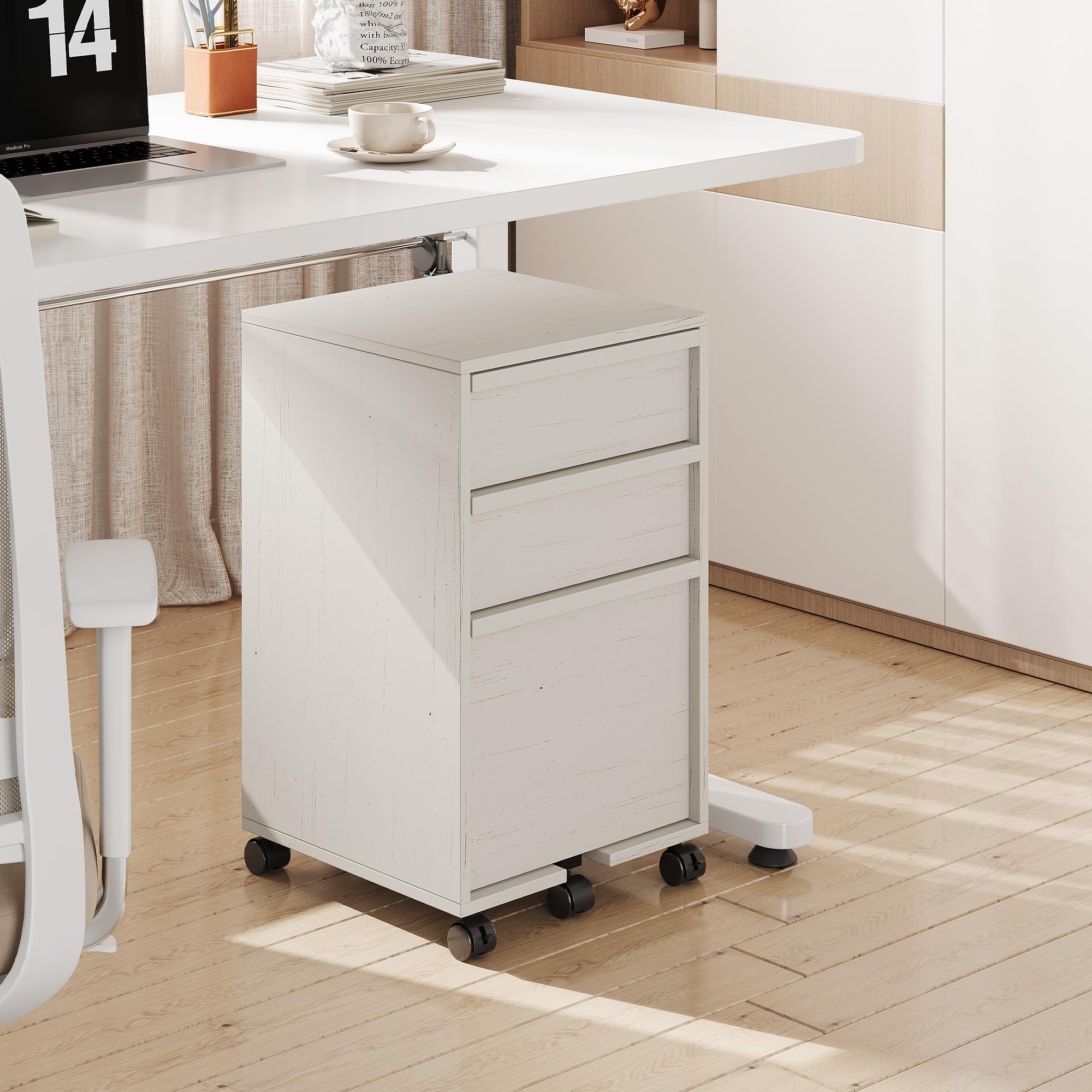 Garvee Cassettiera archivio su ruote in legno, mobile schedario sotto scrivania/portastampante - 3 cassetti con cassetto per cartelle sospese - 2 ruote con freno, Bianco antico, 3 cassetti