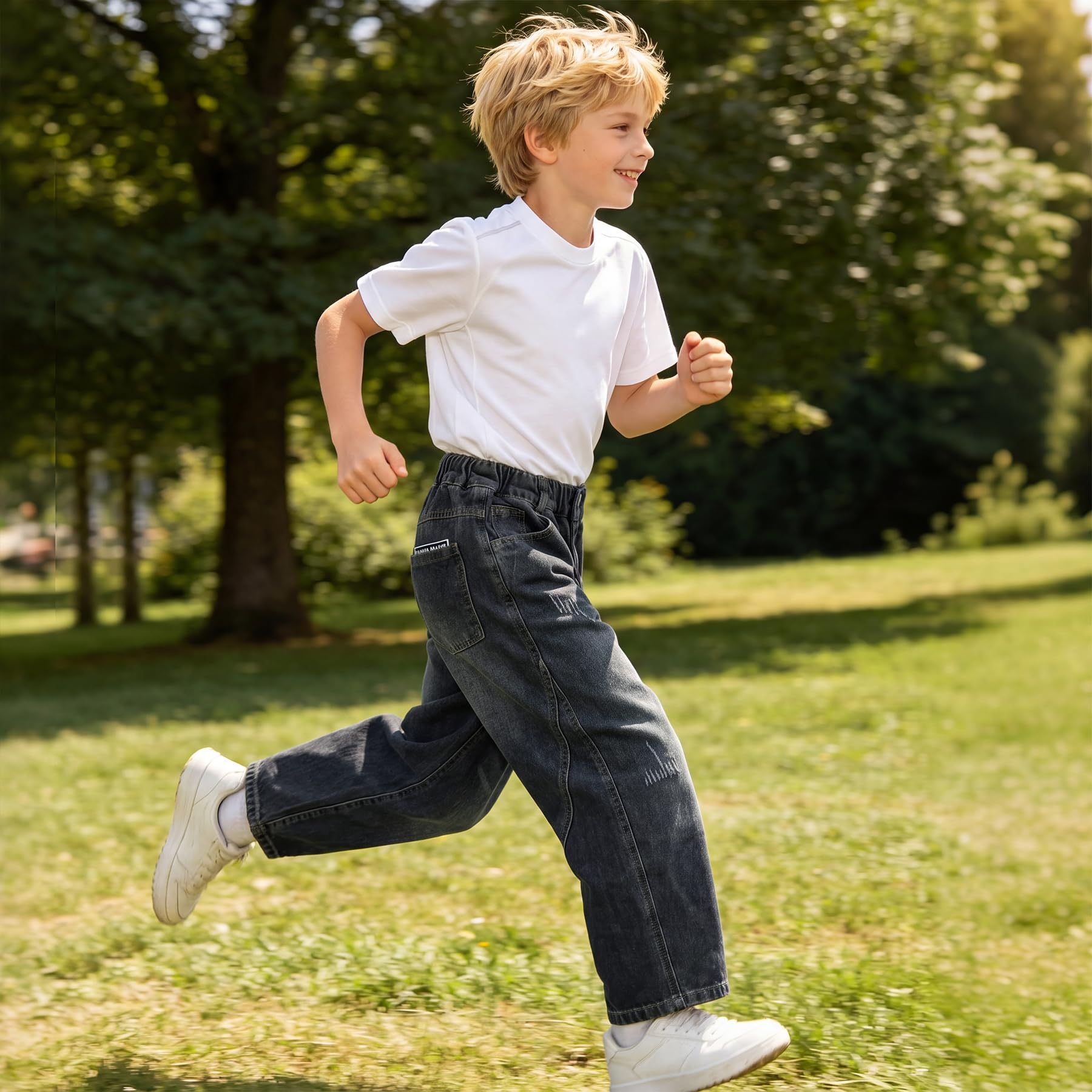 Jeans Garçon Enfants Droit Baggy Pantalon Denim Loose Fit avec Taille Élastique Long Jeans Casual Bleu Pant Décontracté Stretch Denims Mode Streetwear pour Ado 5-14 Ans