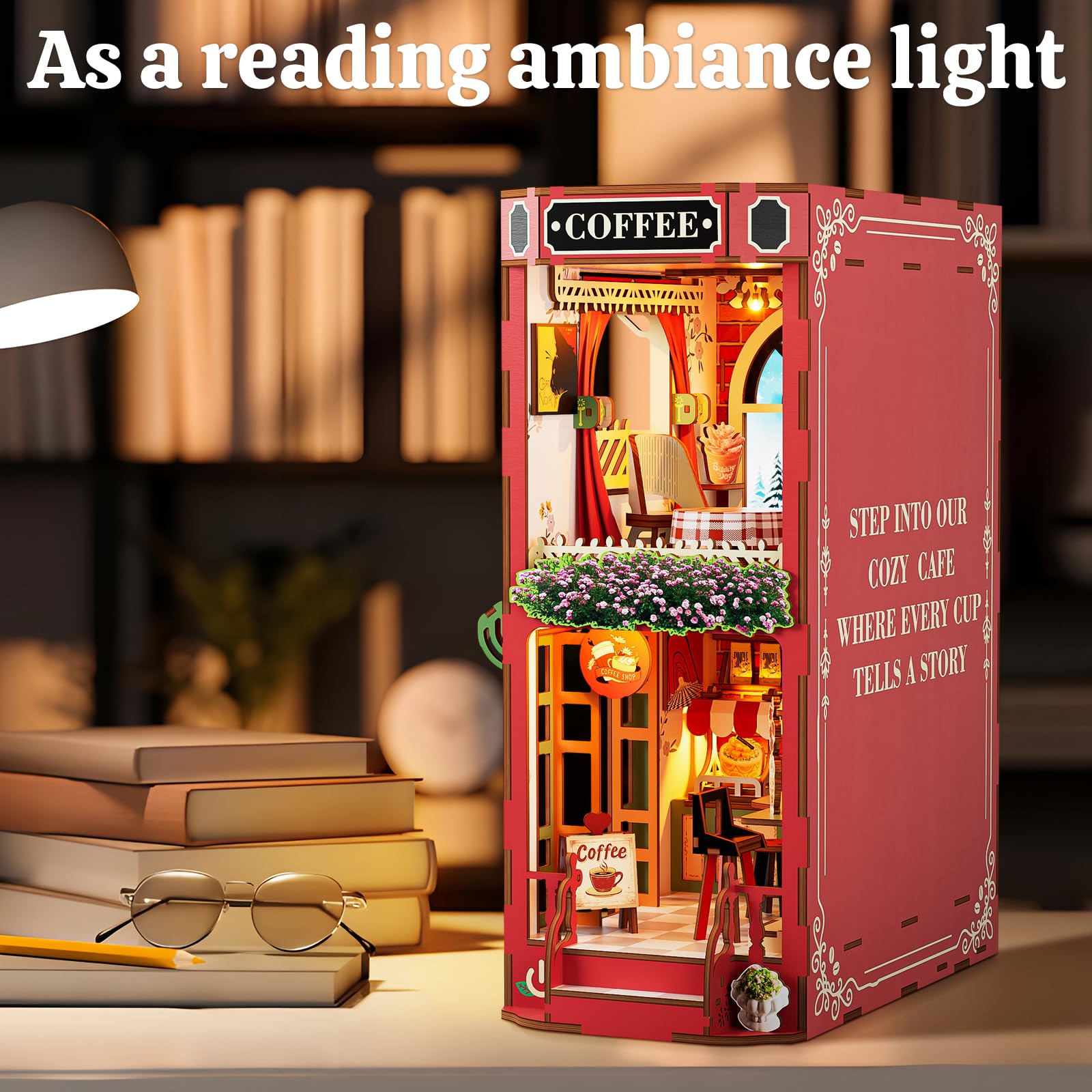 DIY Book Nook Kit – 3D-Holz-Miniatur-Puppenhaus Mit LED-Beleuchtung – Bücherregal-Einsatz „Mildly Spiced Coffee“ – Für Teens & Erwachsene